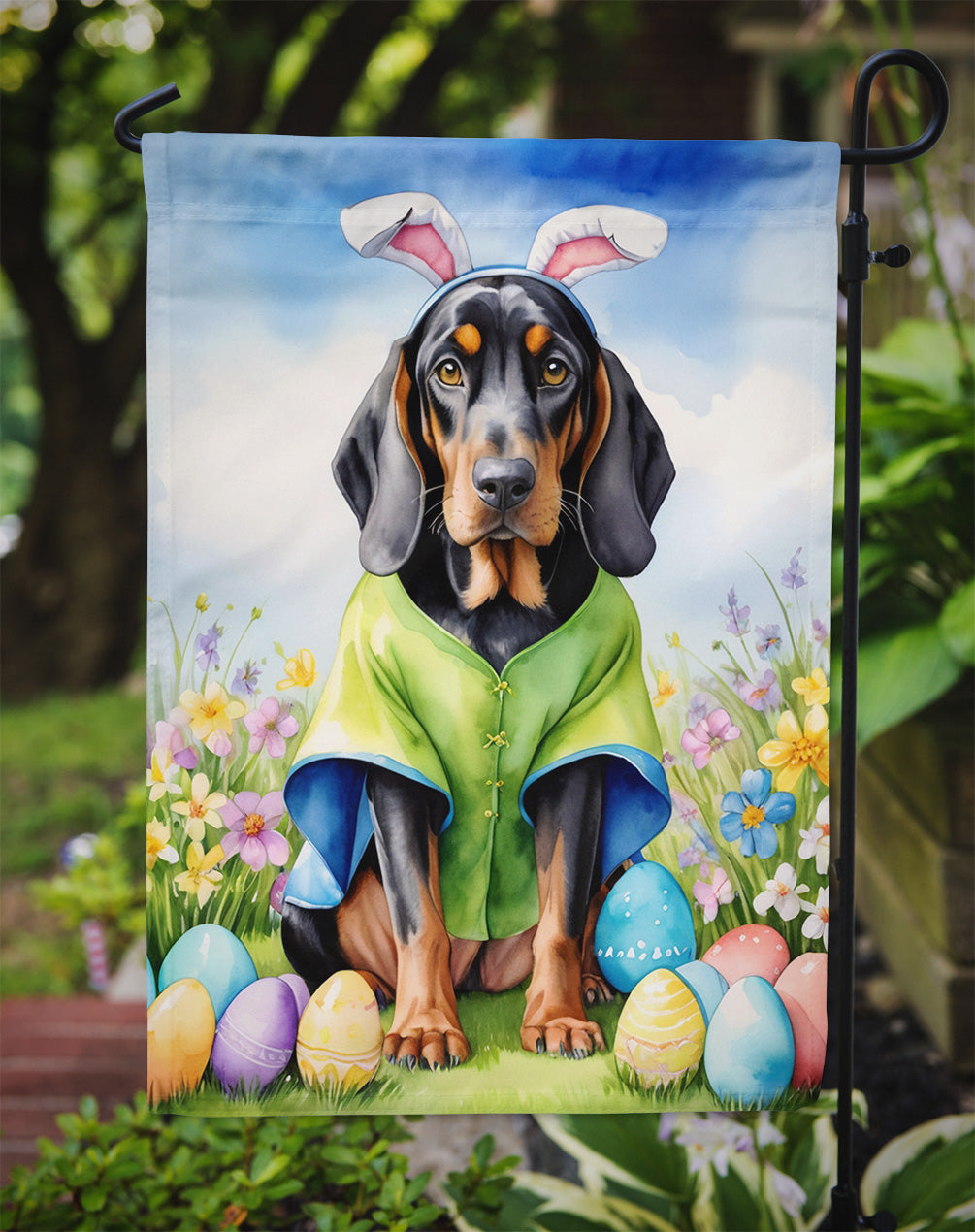 Black and Tan Coonhound Easter Egg Hunt Garden Flag