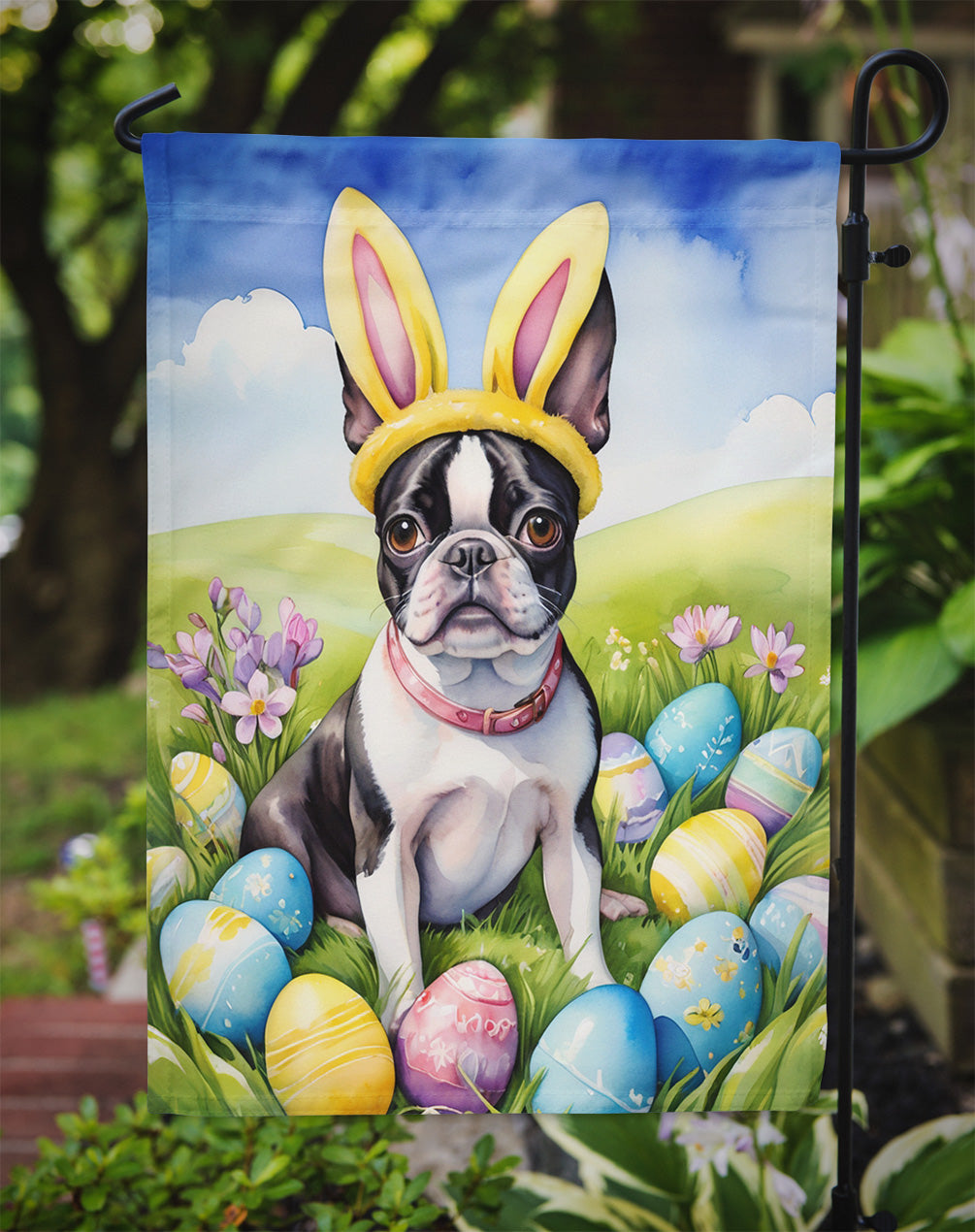 Boston Terrier Easter Egg Hunt Garden Flag