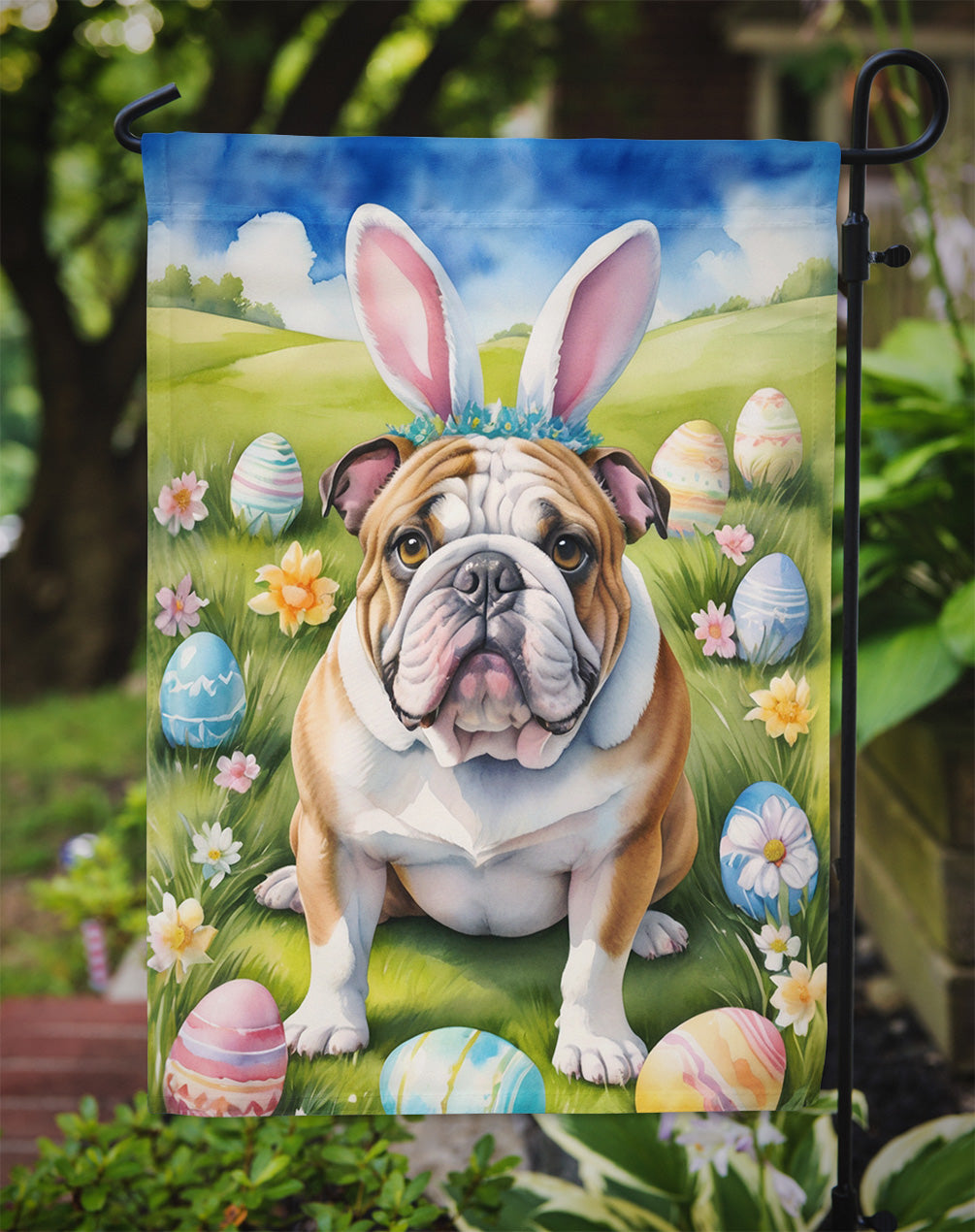 English Bulldog Easter Egg Hunt Garden Flag