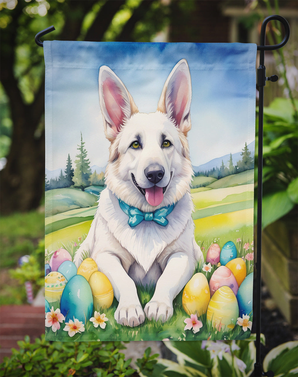 White German Shepherd Easter Egg Hunt Garden Flag