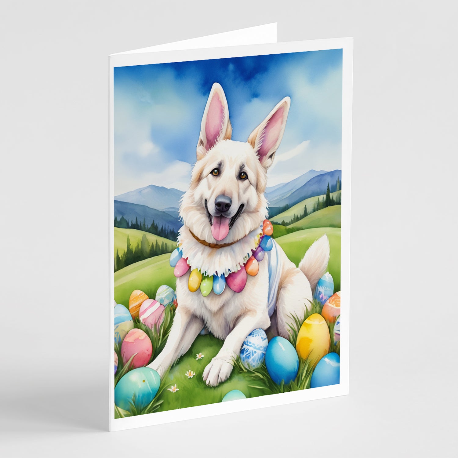 Buy this White German Shepherd Easter Egg Hunt Greeting Cards Pack of 8