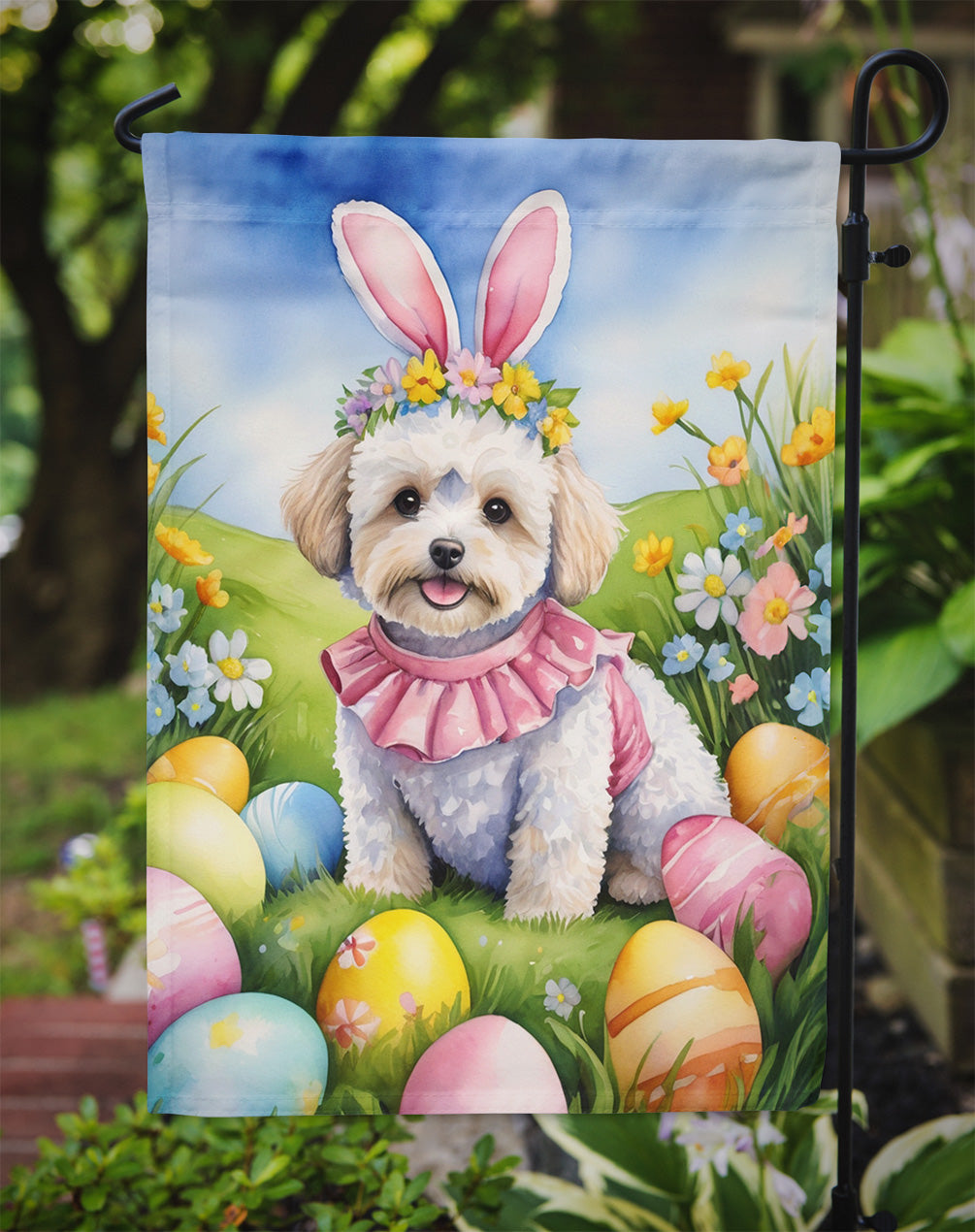 Maltipoo Easter Egg Hunt Garden Flag