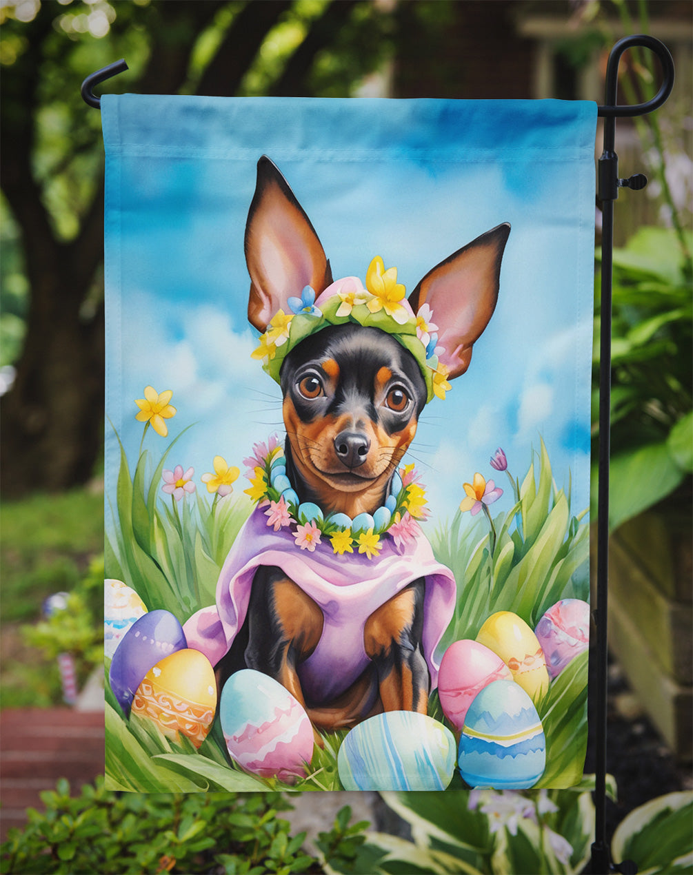 Miniature Pinscher Easter Egg Hunt Garden Flag