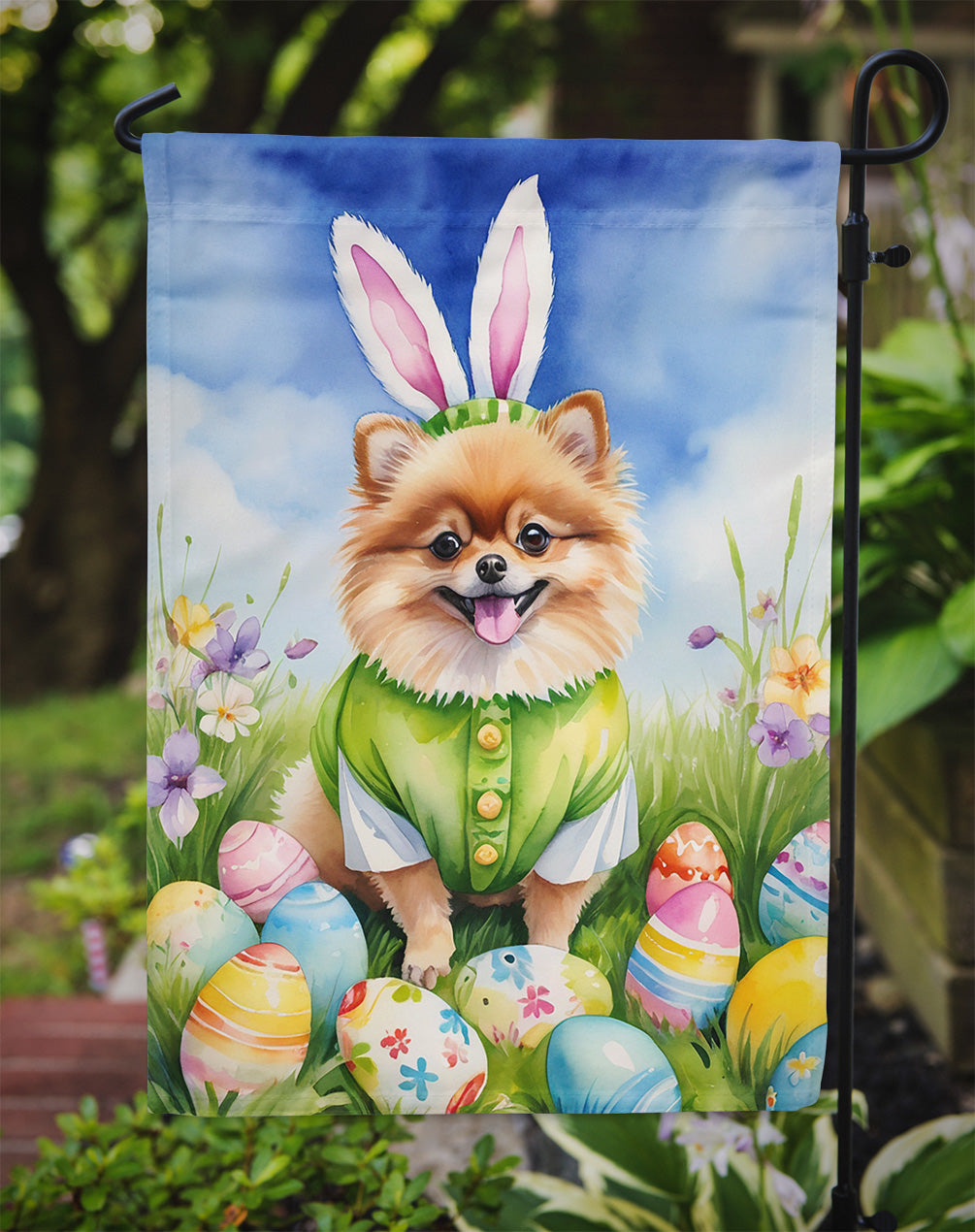 Pomeranian Easter Egg Hunt Garden Flag