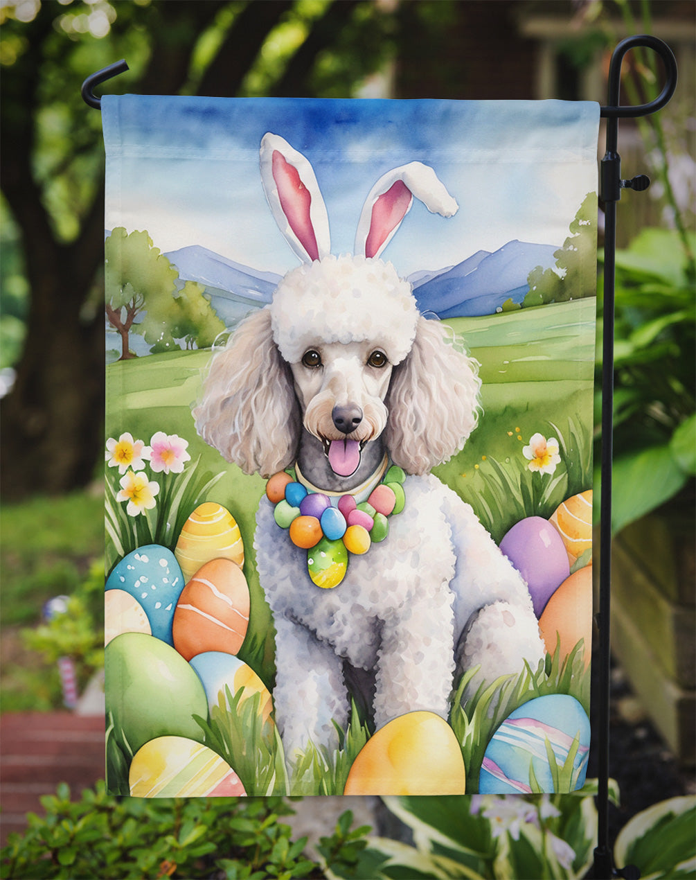 White Poodle Easter Egg Hunt Garden Flag