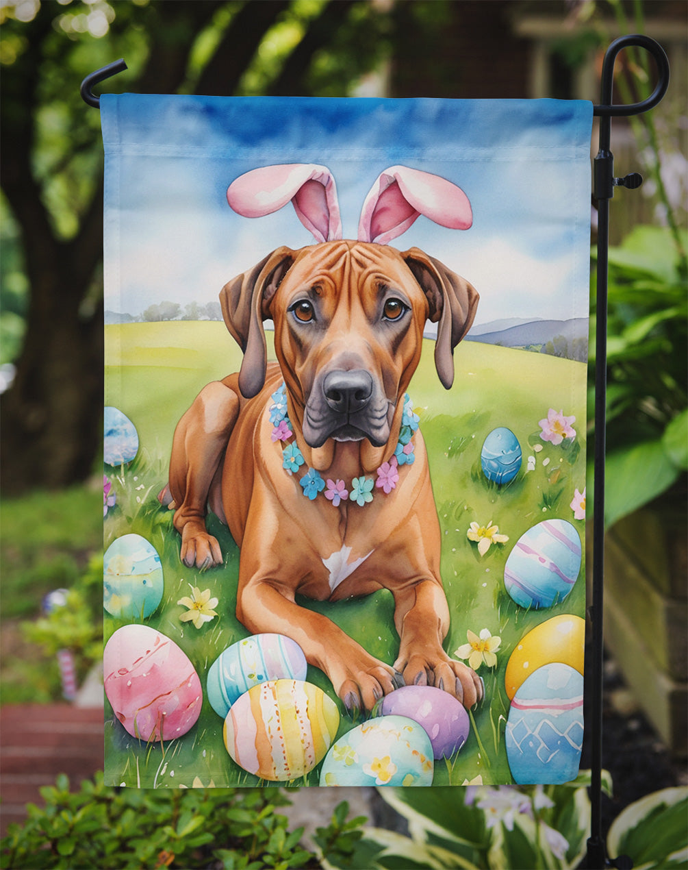 Rhodesian Ridgeback Easter Egg Hunt Garden Flag