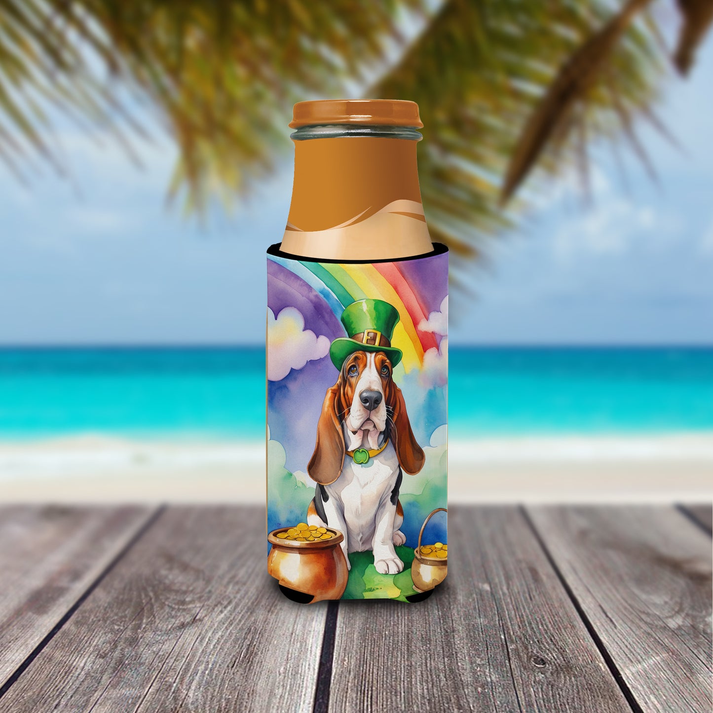 Basset Hound St Patrick's Day Hugger for Ultra Slim Cans