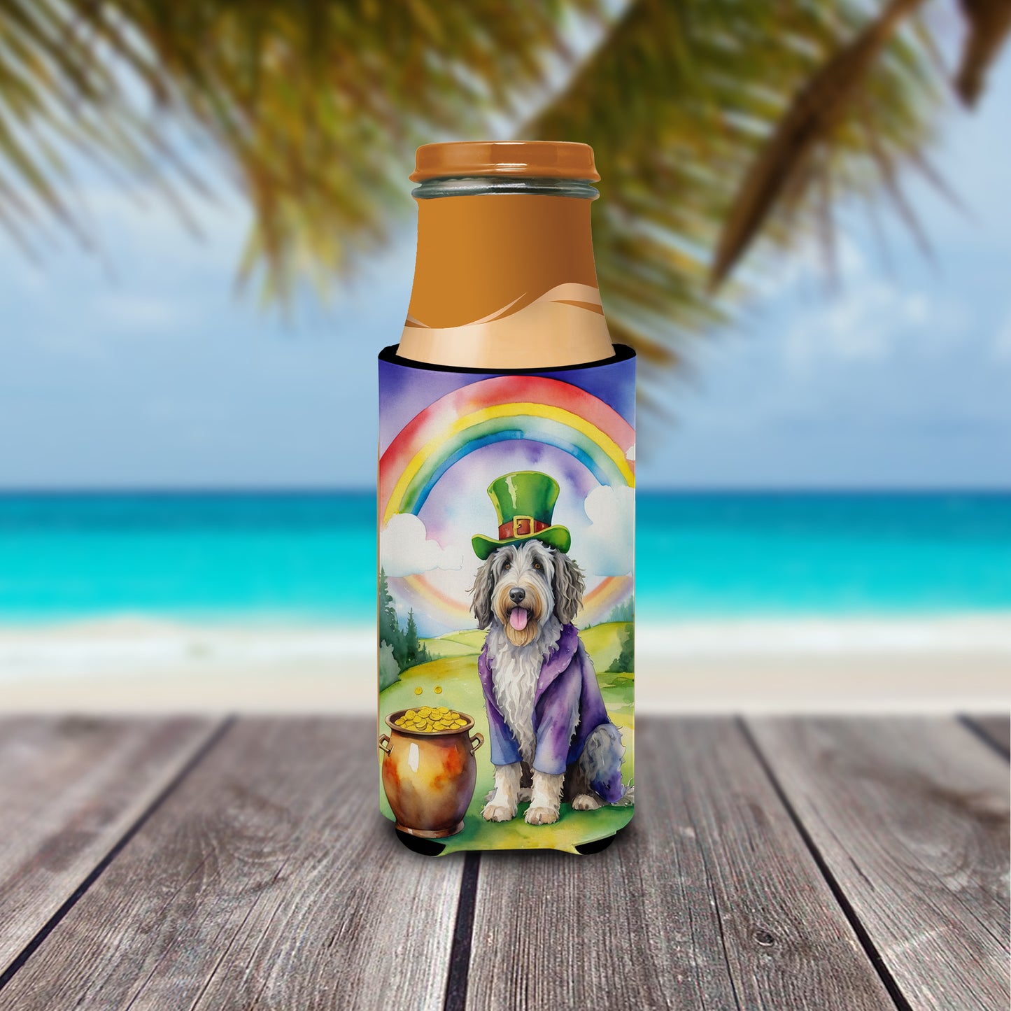 Bergamasco Sheepdog St Patrick's Day Hugger for Ultra Slim Cans