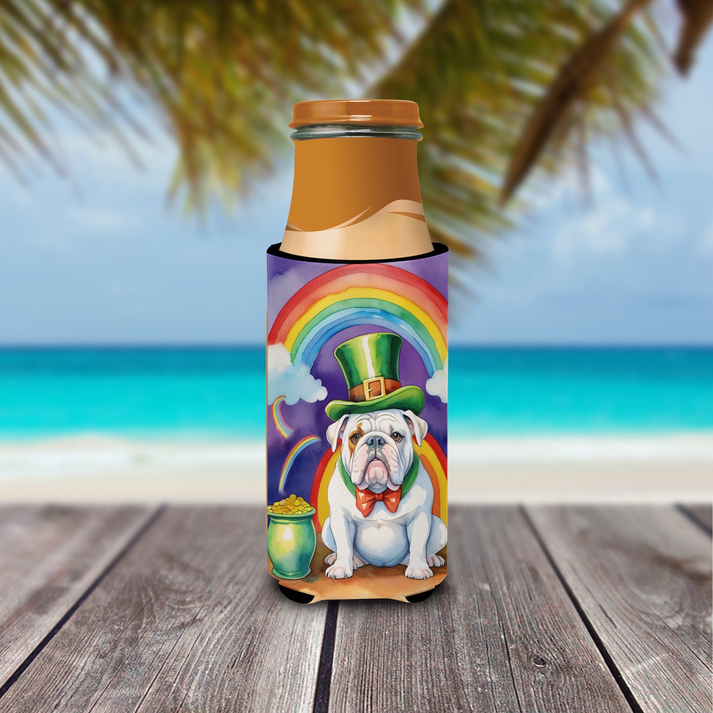 English Bulldog St Patrick's Day Hugger for Ultra Slim Cans