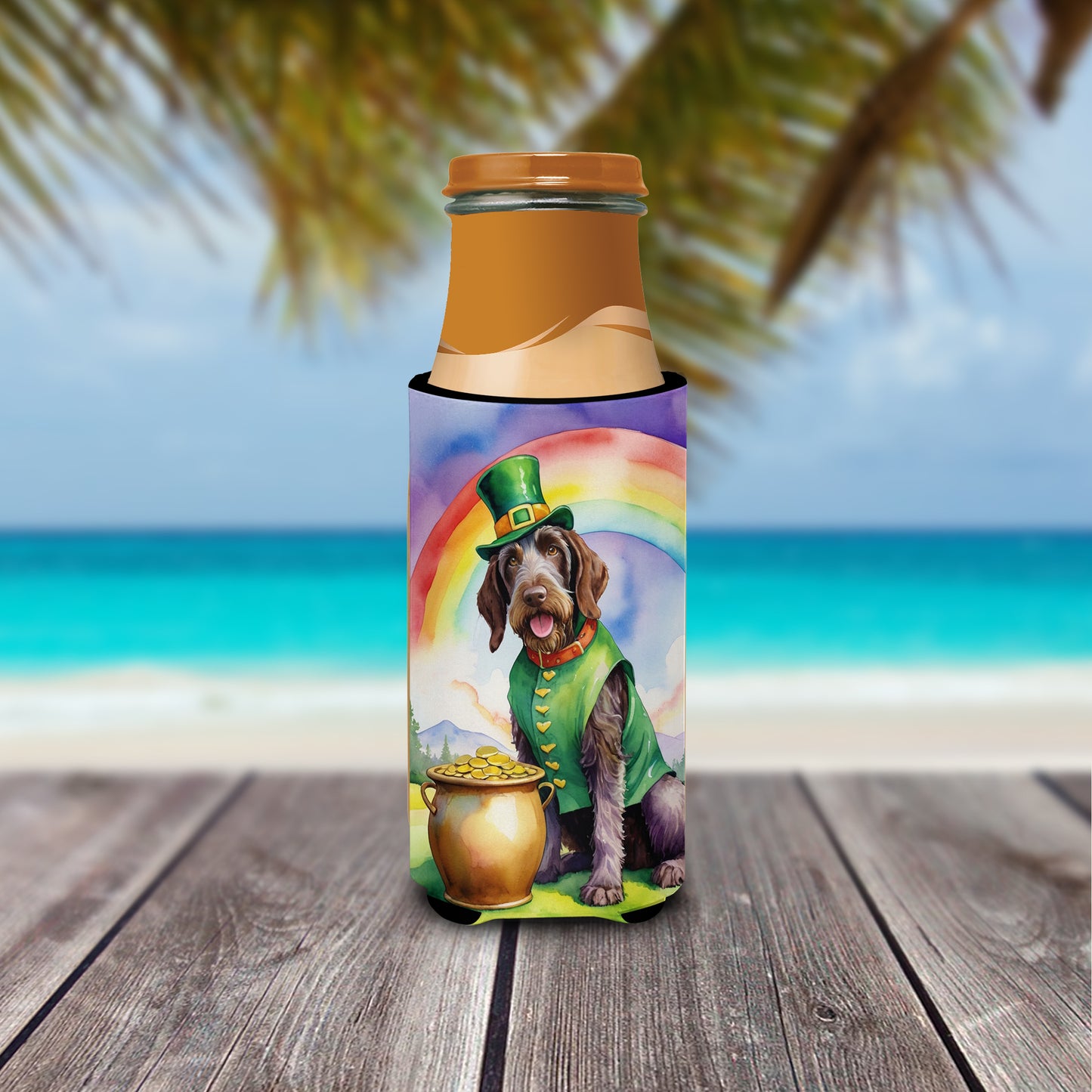 German Wirehaired Pointer St Patrick's Day Hugger for Ultra Slim Cans