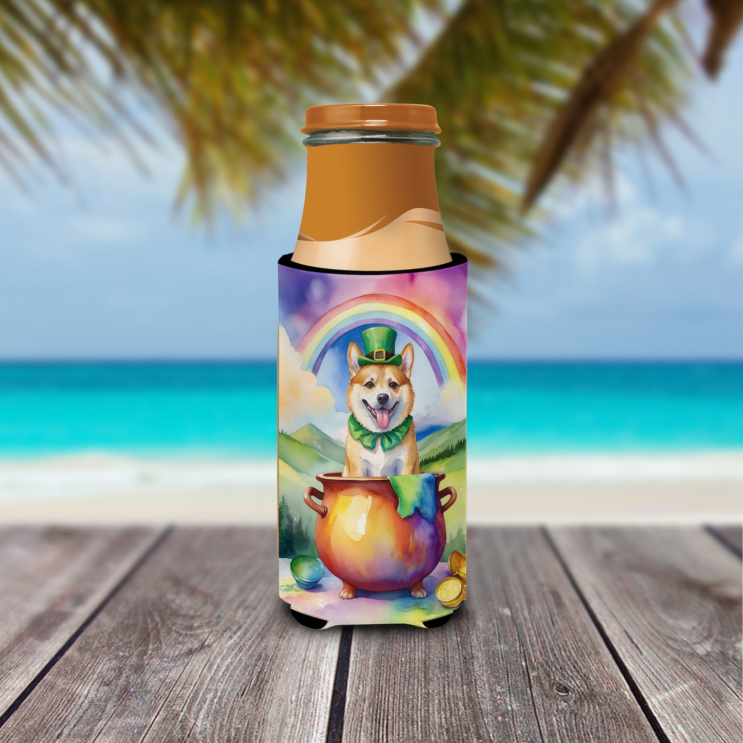 Norwegian Buhund St Patrick's Day Hugger for Ultra Slim Cans