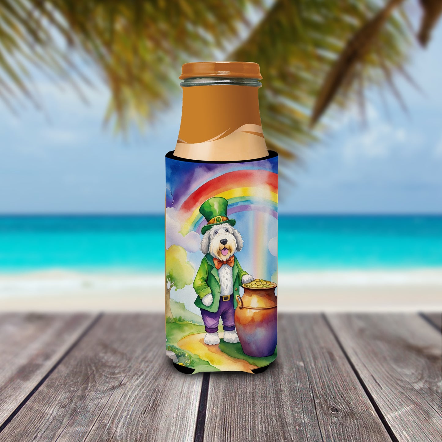 Old English Sheepdog St Patrick's Day Hugger for Ultra Slim Cans