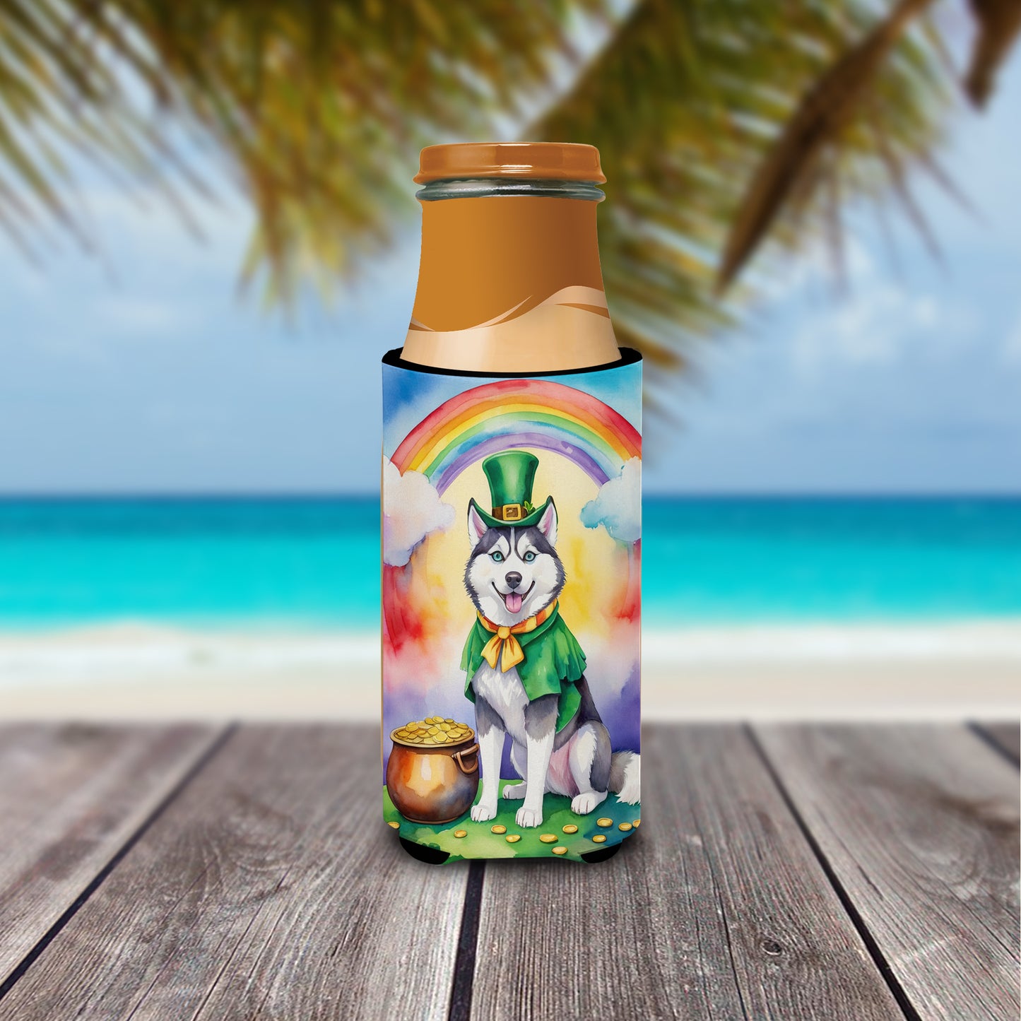 Siberian Husky St Patrick's Day Hugger for Ultra Slim Cans