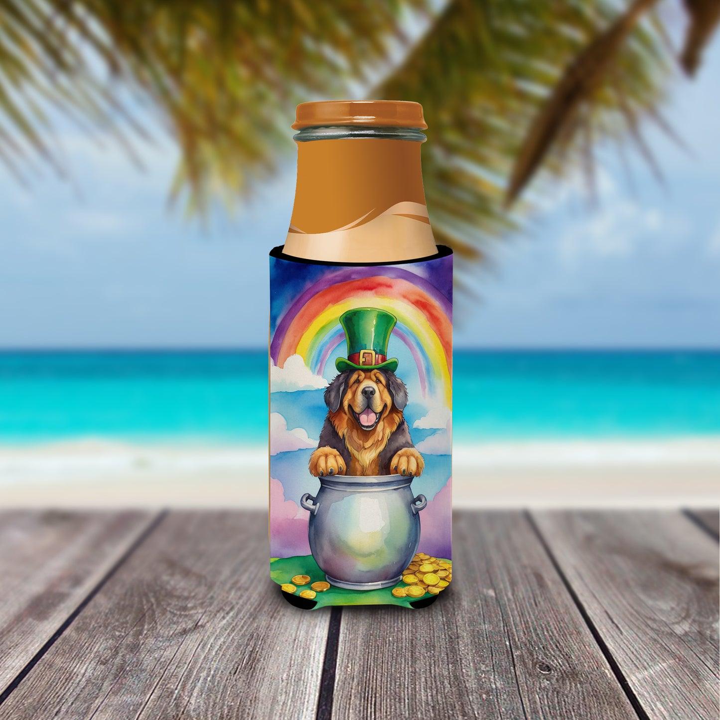 Tibetan Mastiff St Patrick's Day Hugger for Ultra Slim Cans