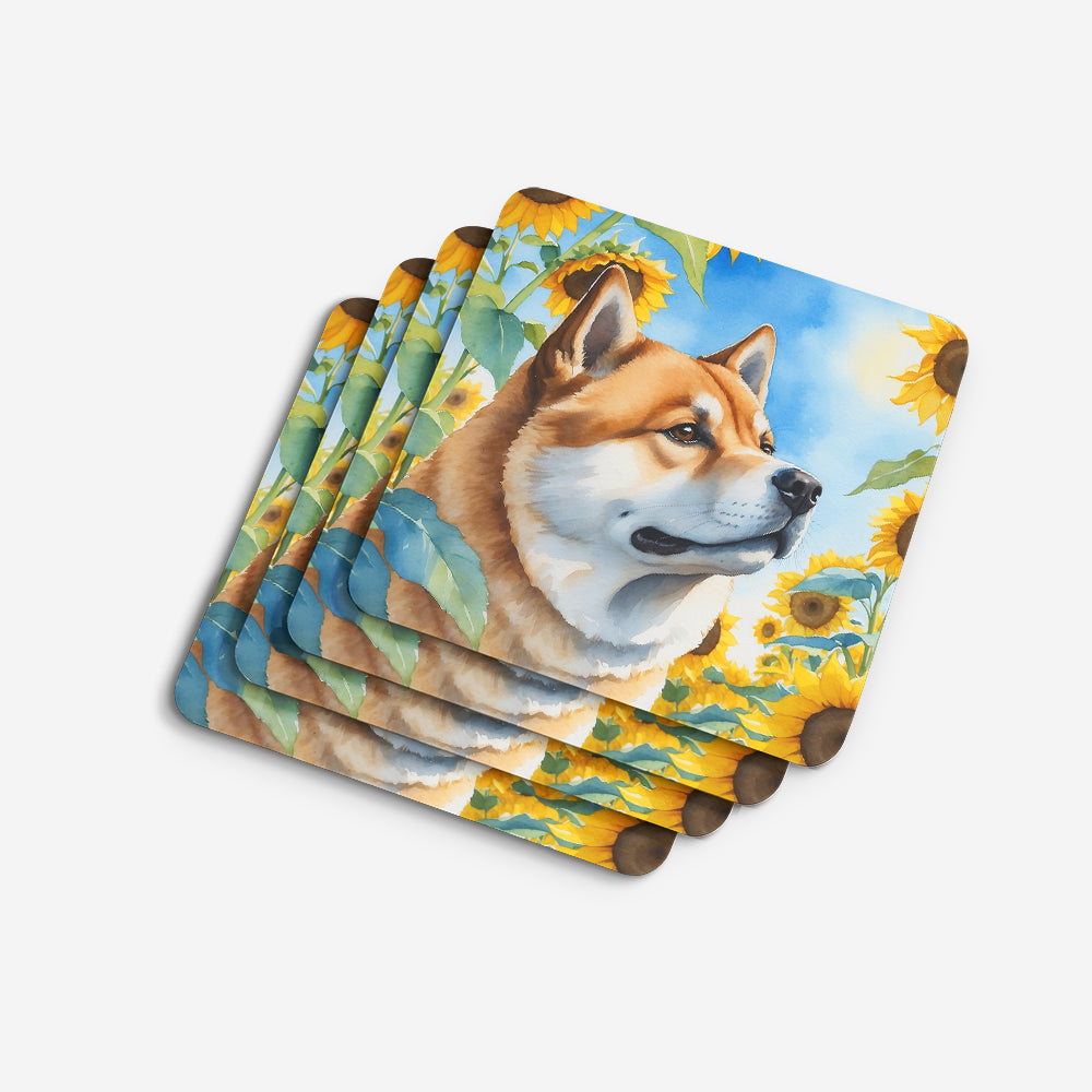 Akita in Sunflowers Foam Coasters