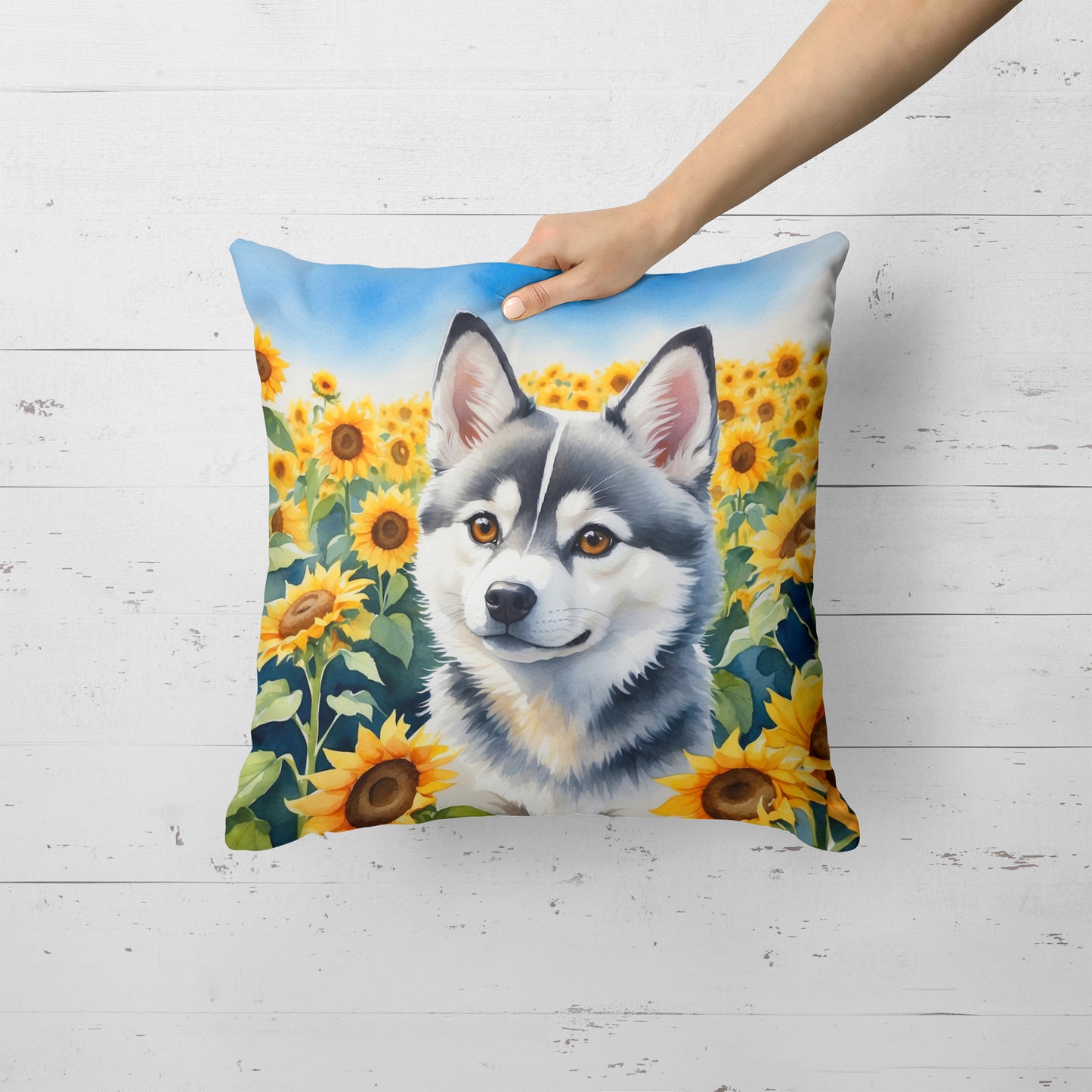 Alaskan Klee Kai in Sunflowers Throw Pillow