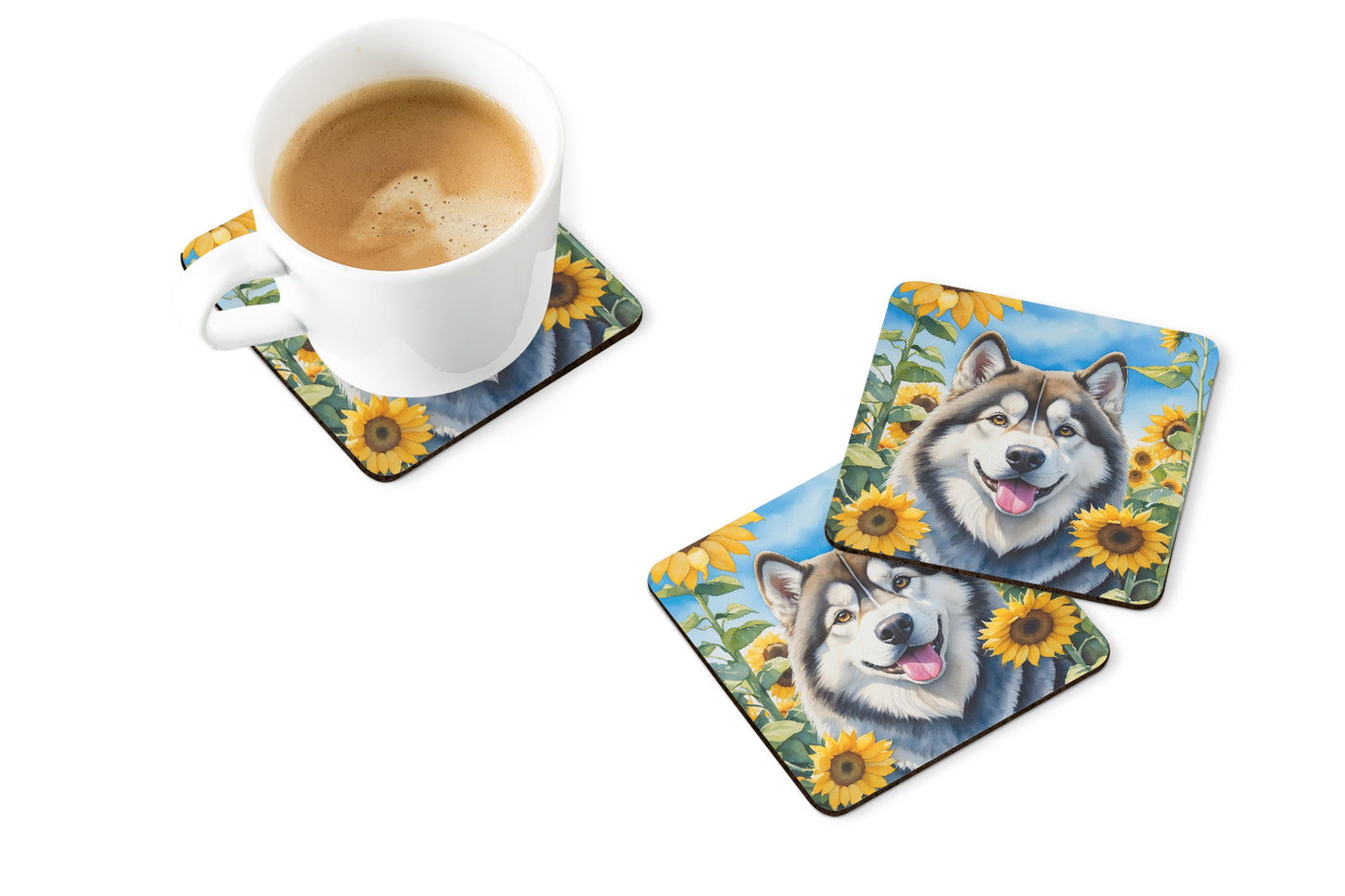 Alaskan Malamute in Sunflowers Foam Coasters