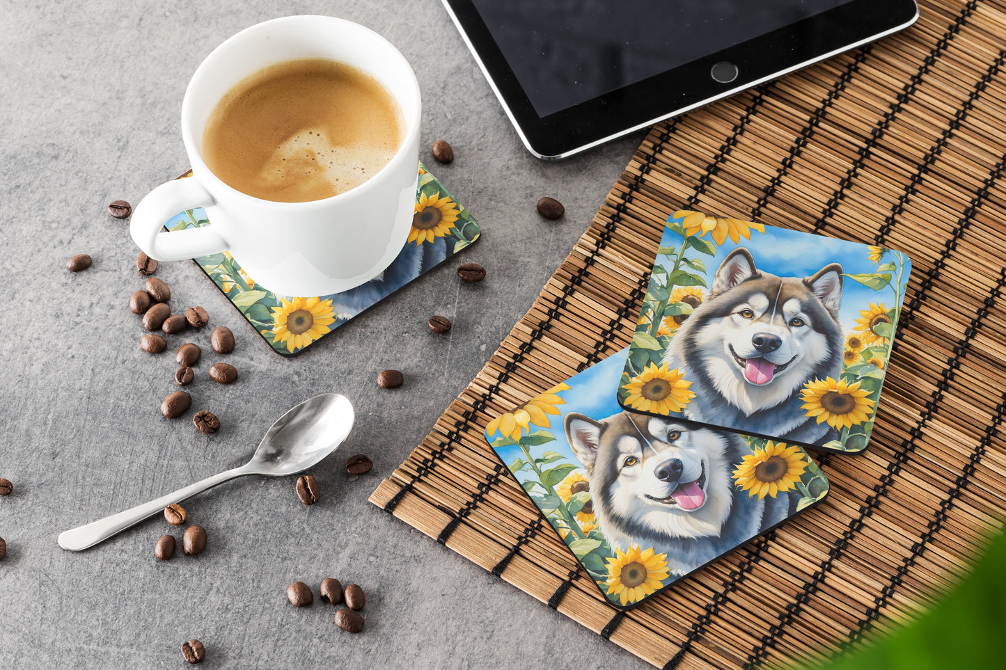 Alaskan Malamute in Sunflowers Foam Coasters