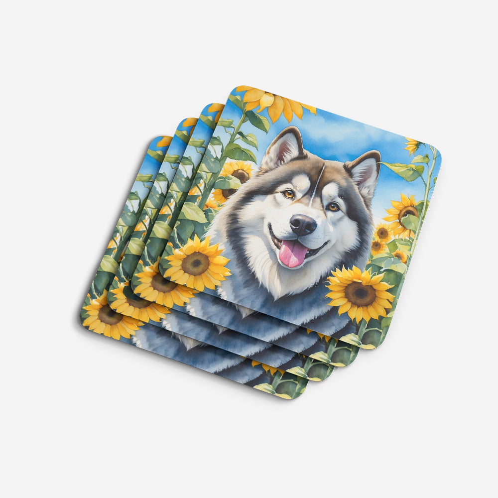 Alaskan Malamute in Sunflowers Foam Coasters