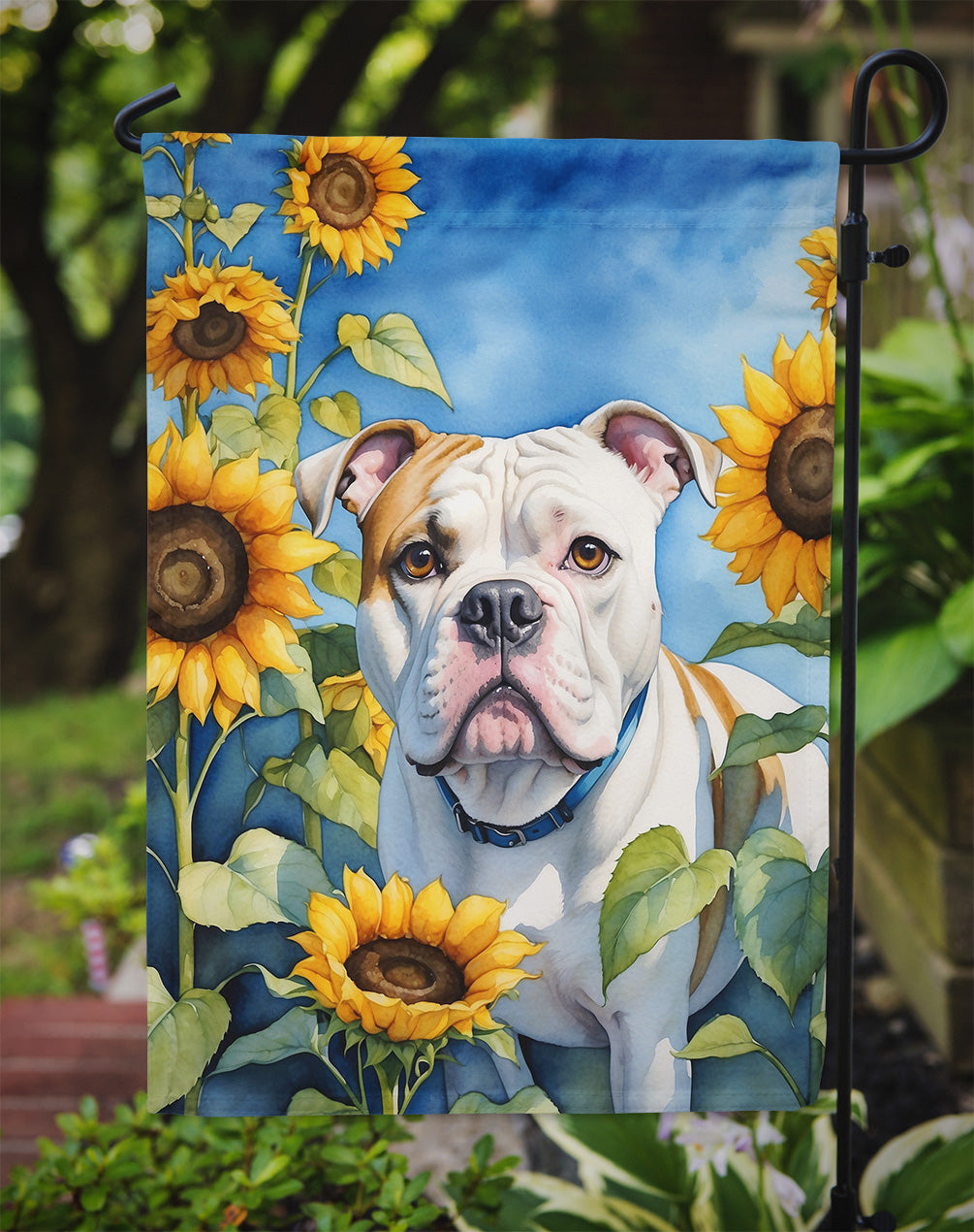 American Bulldog in Sunflowers Garden Flag