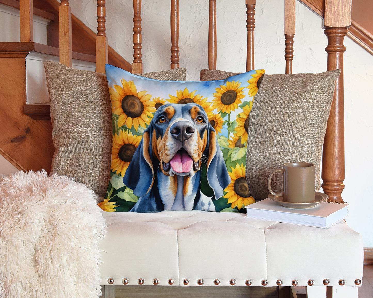 American English Coonhound in Sunflowers Throw Pillow
