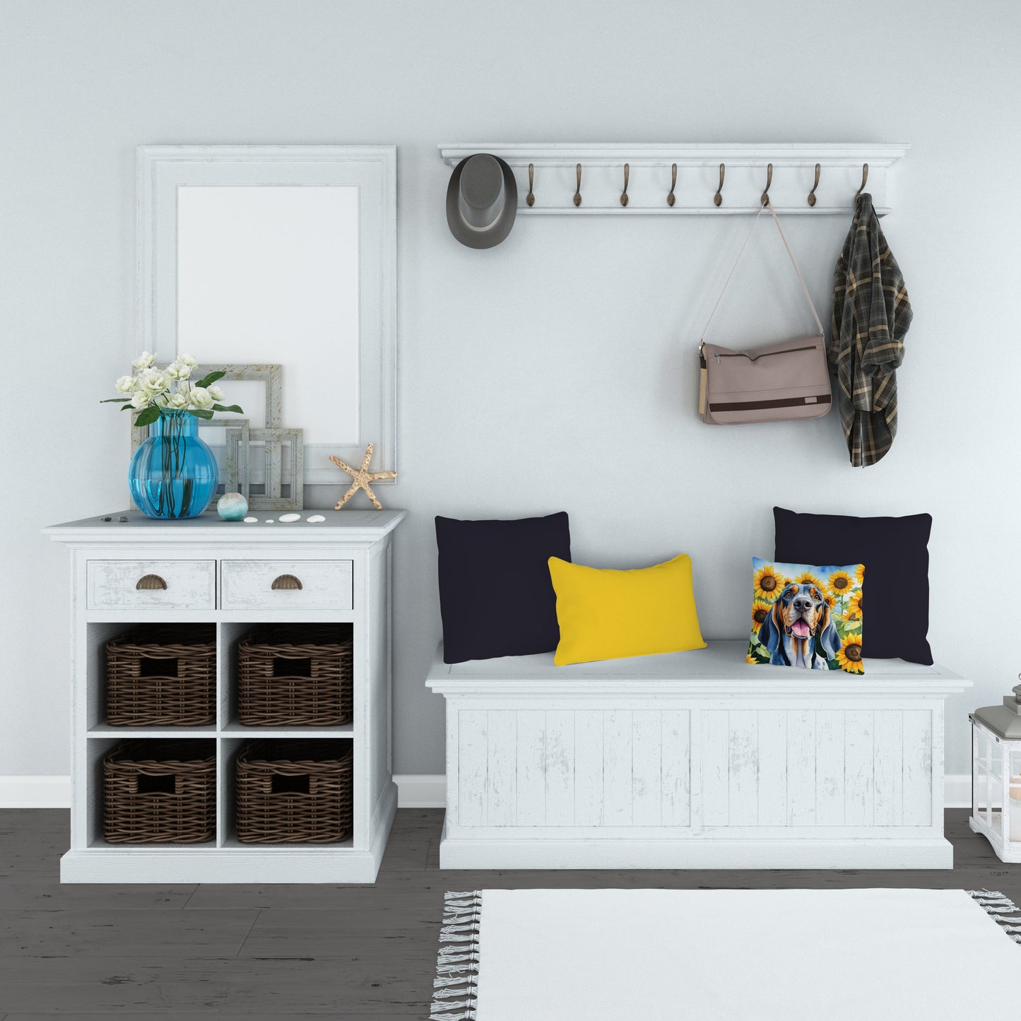 American English Coonhound in Sunflowers Throw Pillow