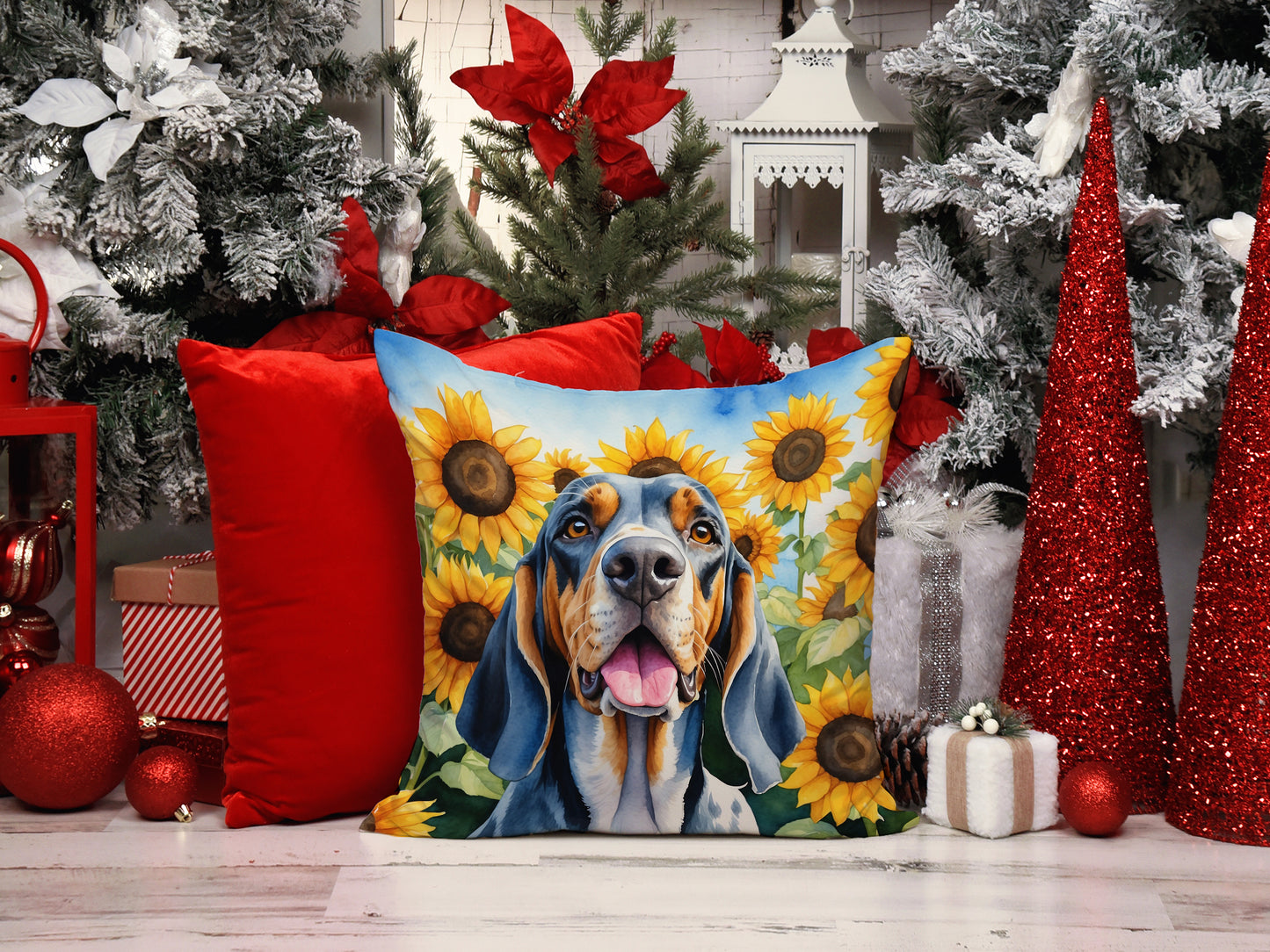 American English Coonhound in Sunflowers Throw Pillow