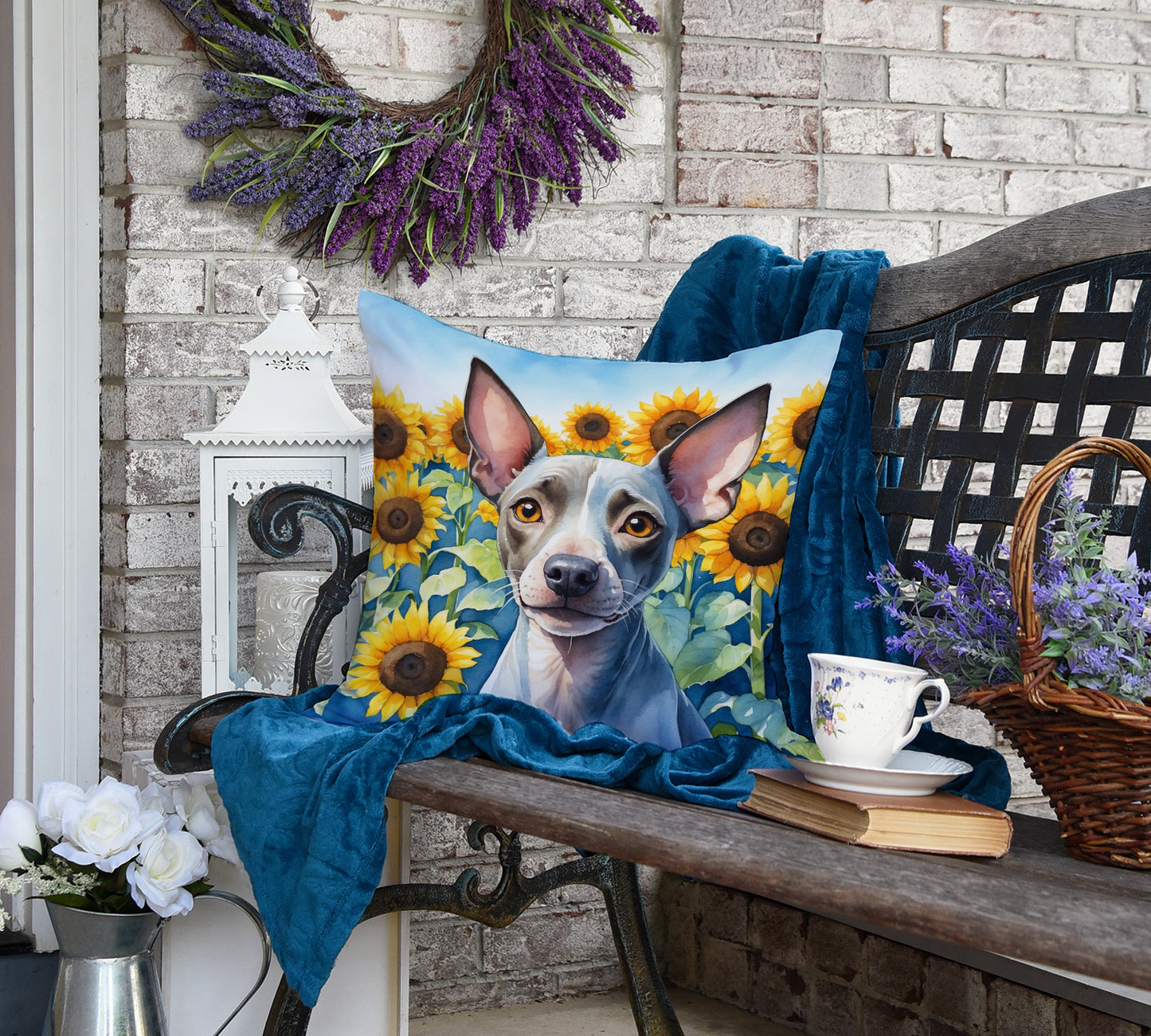 American Hairless Terrier in Sunflowers Throw Pillow