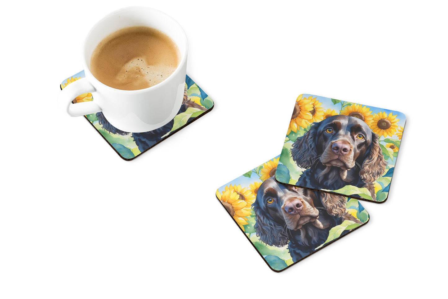 American Water Spaniel in Sunflowers Foam Coasters