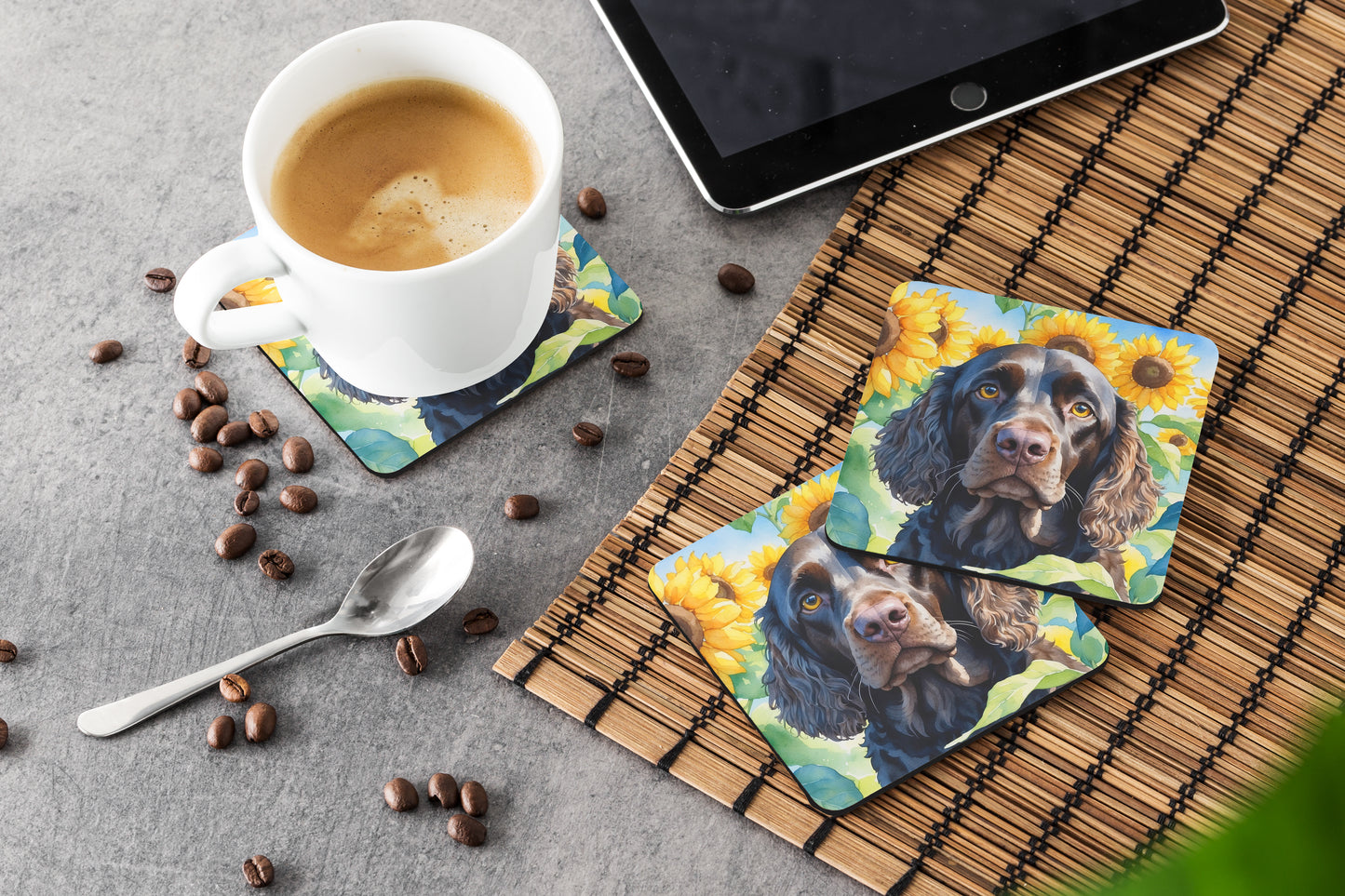 American Water Spaniel in Sunflowers Foam Coasters