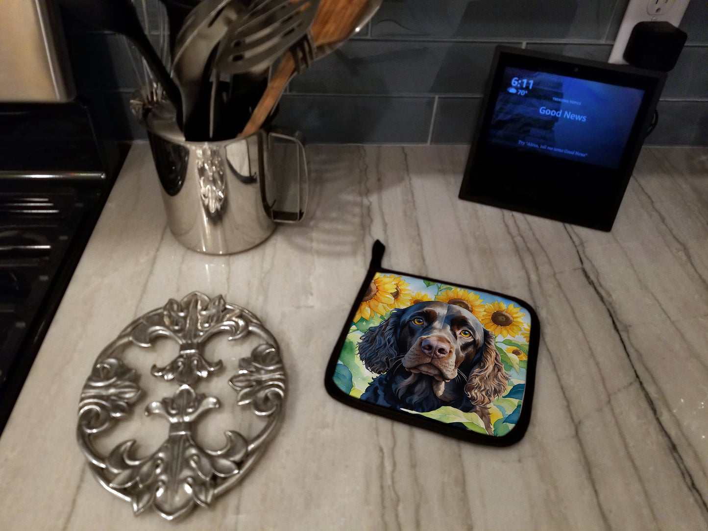 American Water Spaniel in Sunflowers Pair of Pot Holders