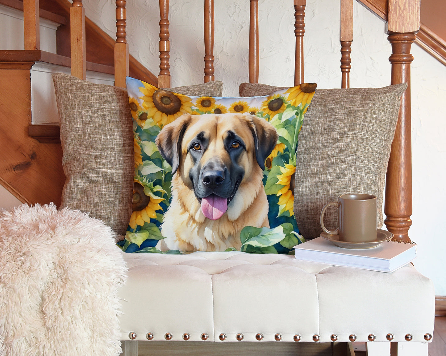 Anatolian Shepherd in Sunflowers Throw Pillow