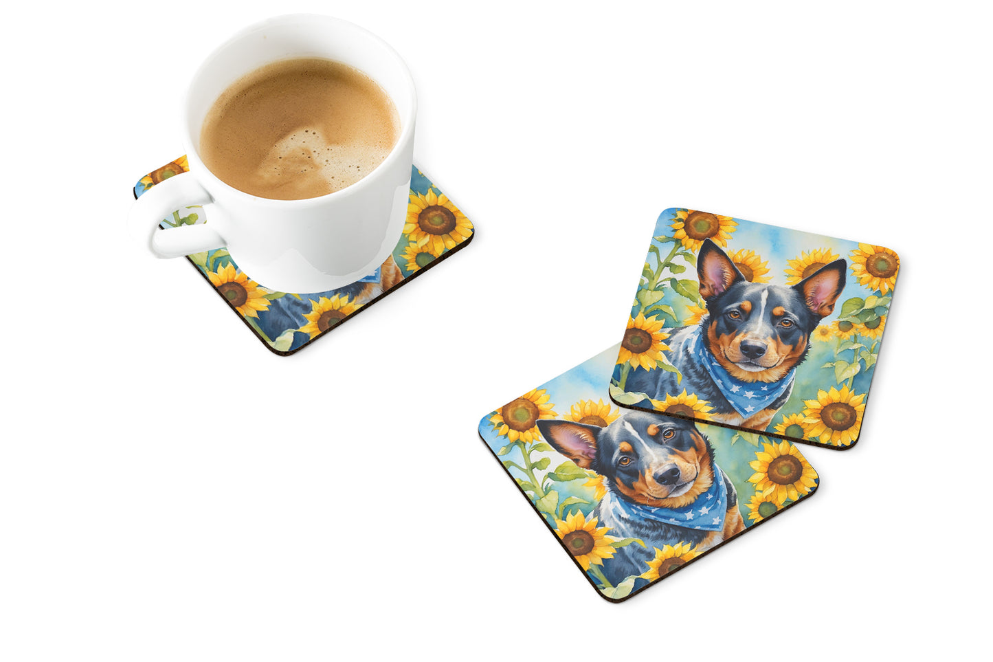 Australian Cattle Dog in Sunflowers Foam Coasters