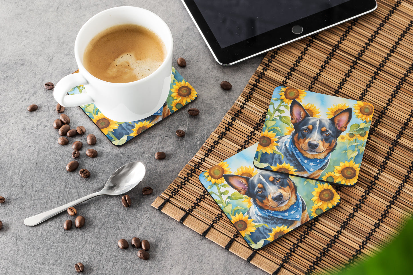 Australian Cattle Dog in Sunflowers Foam Coasters