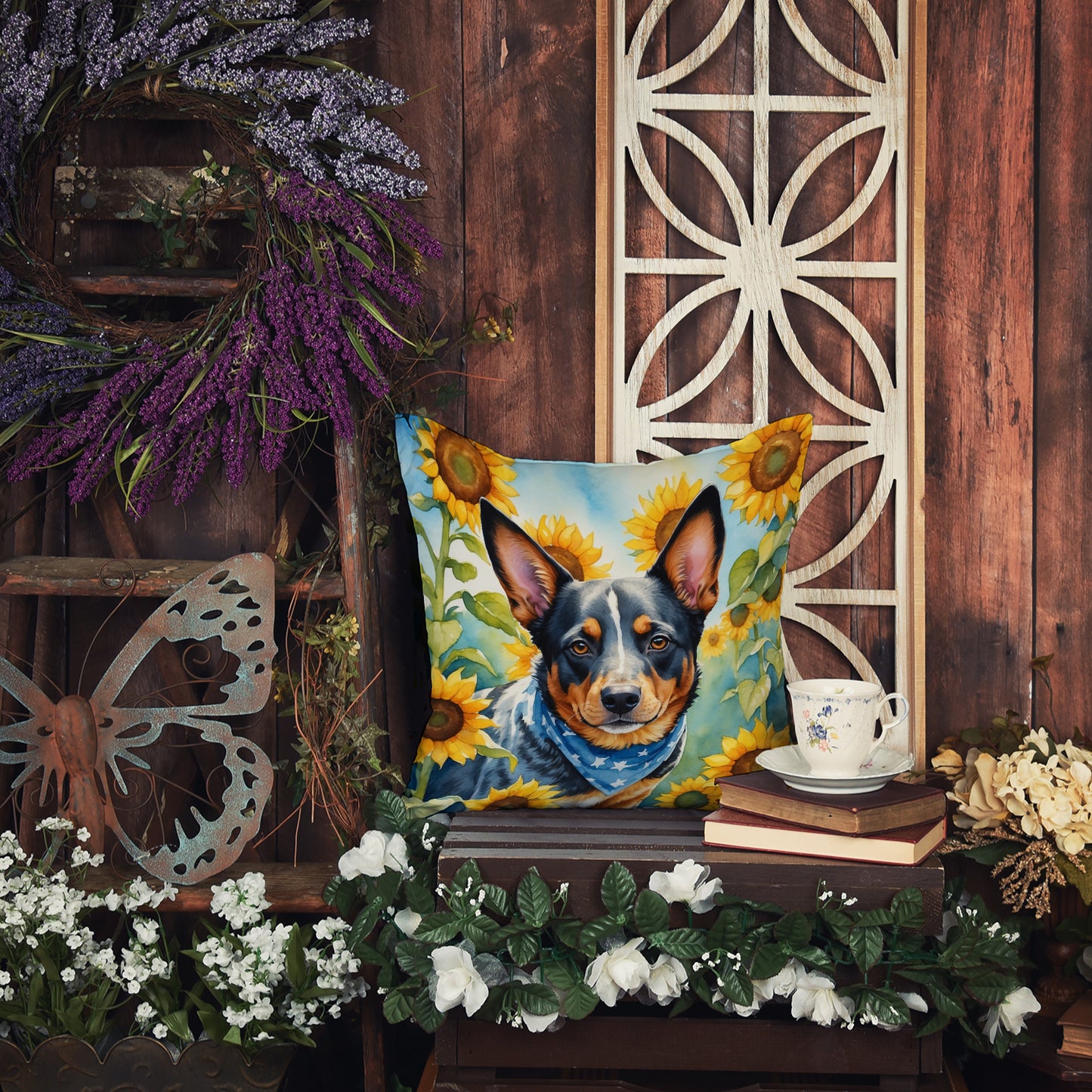 Australian Cattle Dog in Sunflowers Throw Pillow