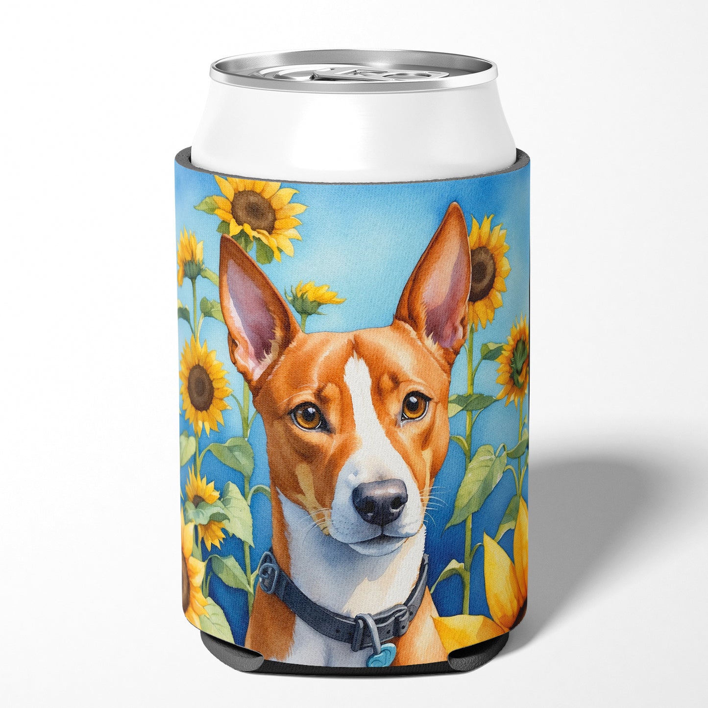Basenji in Sunflowers Can or Bottle Hugger