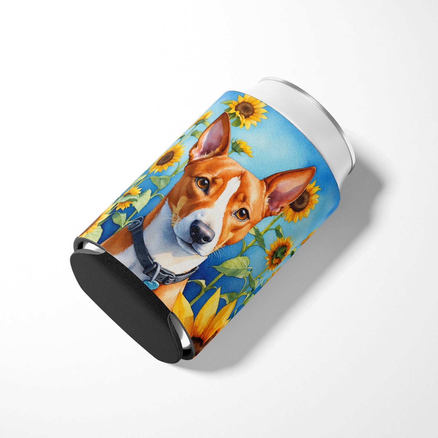 Basenji in Sunflowers Can or Bottle Hugger