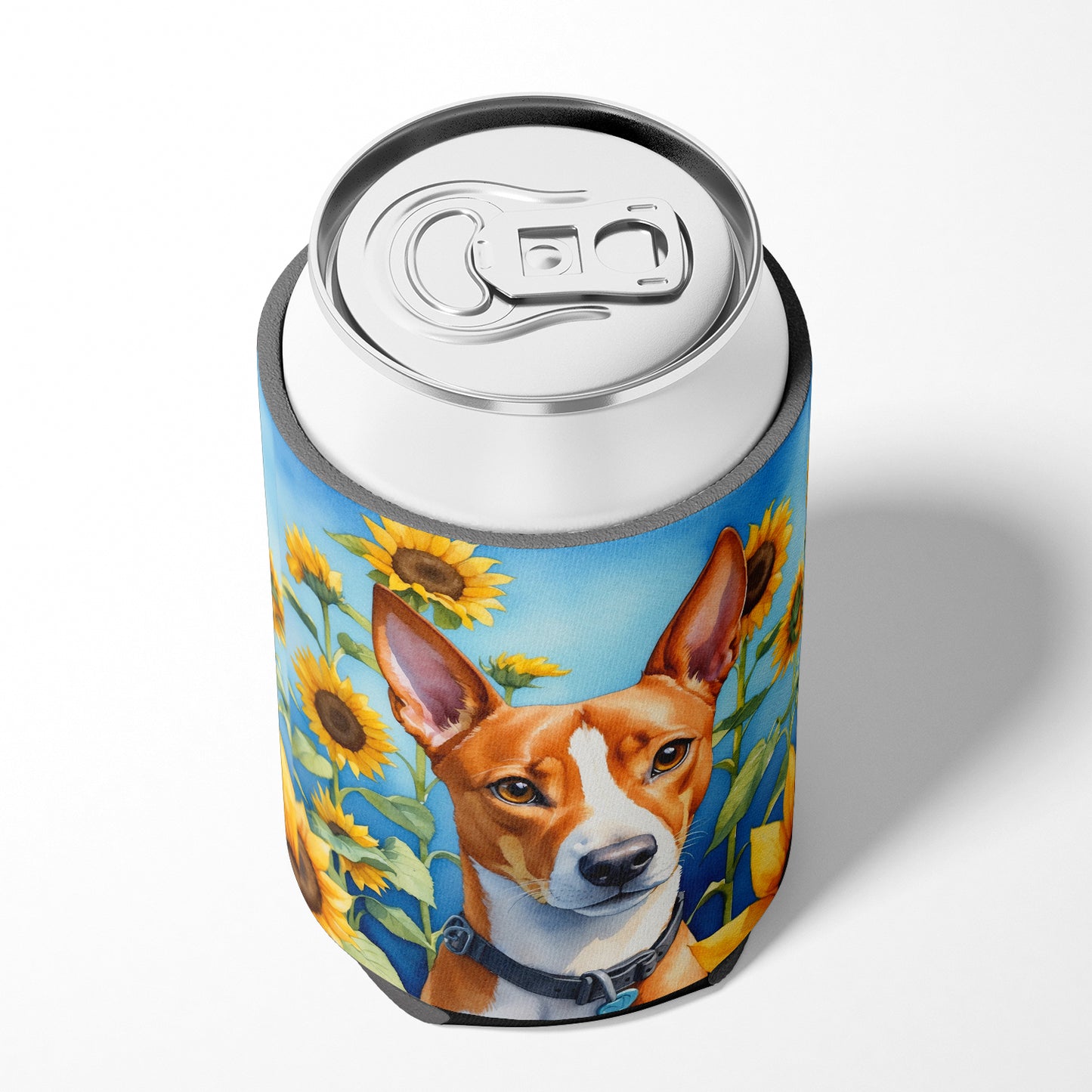 Basenji in Sunflowers Can or Bottle Hugger