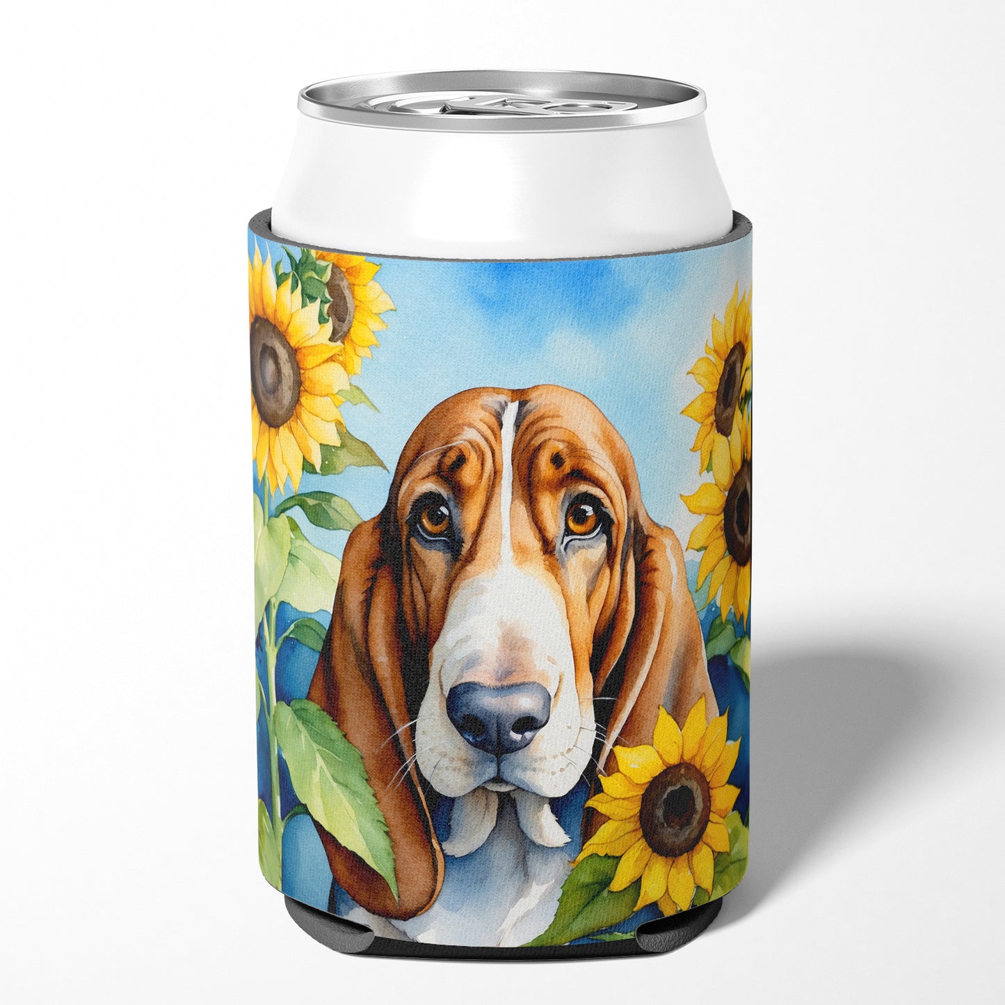 Basset Hound in Sunflowers Can or Bottle Hugger