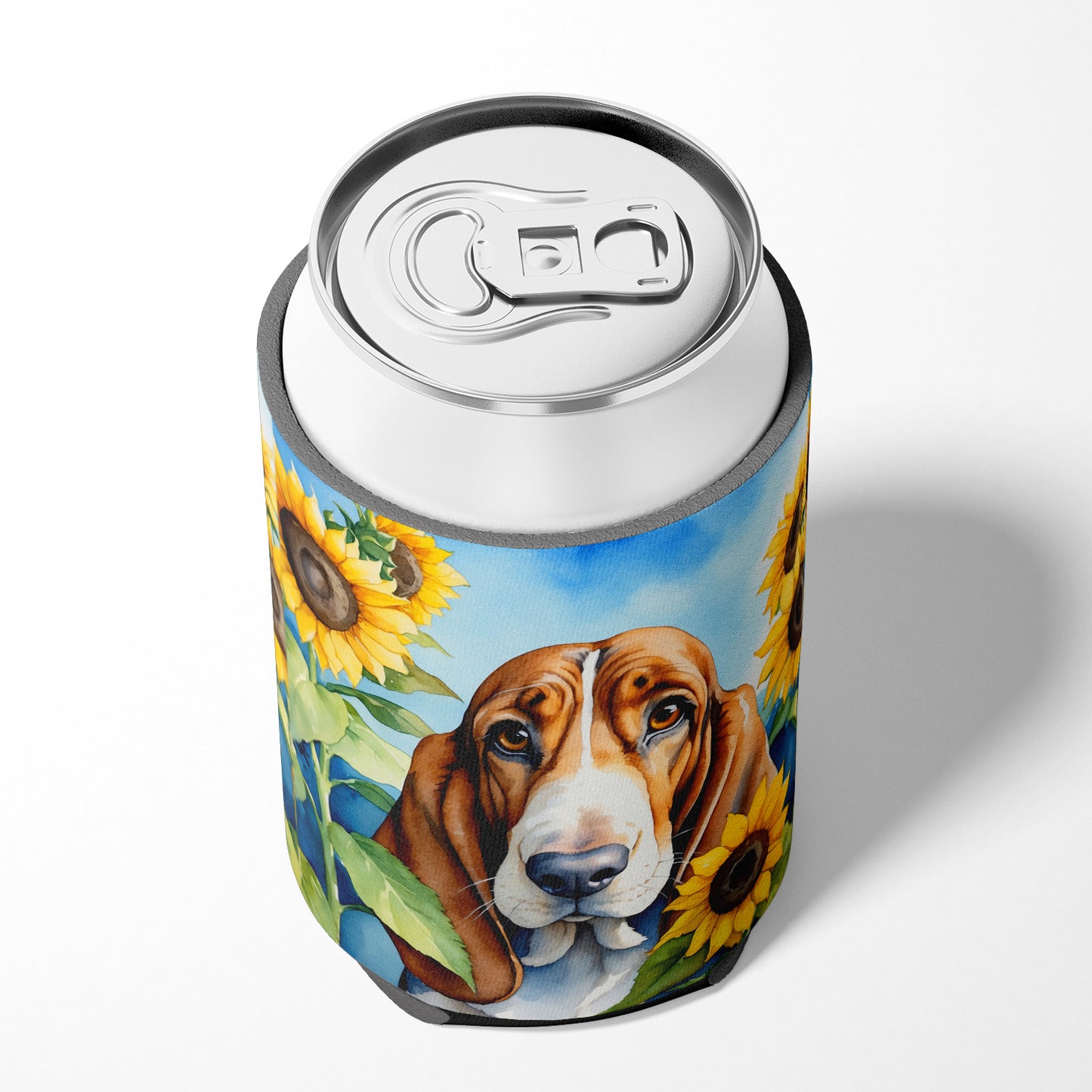 Basset Hound in Sunflowers Can or Bottle Hugger