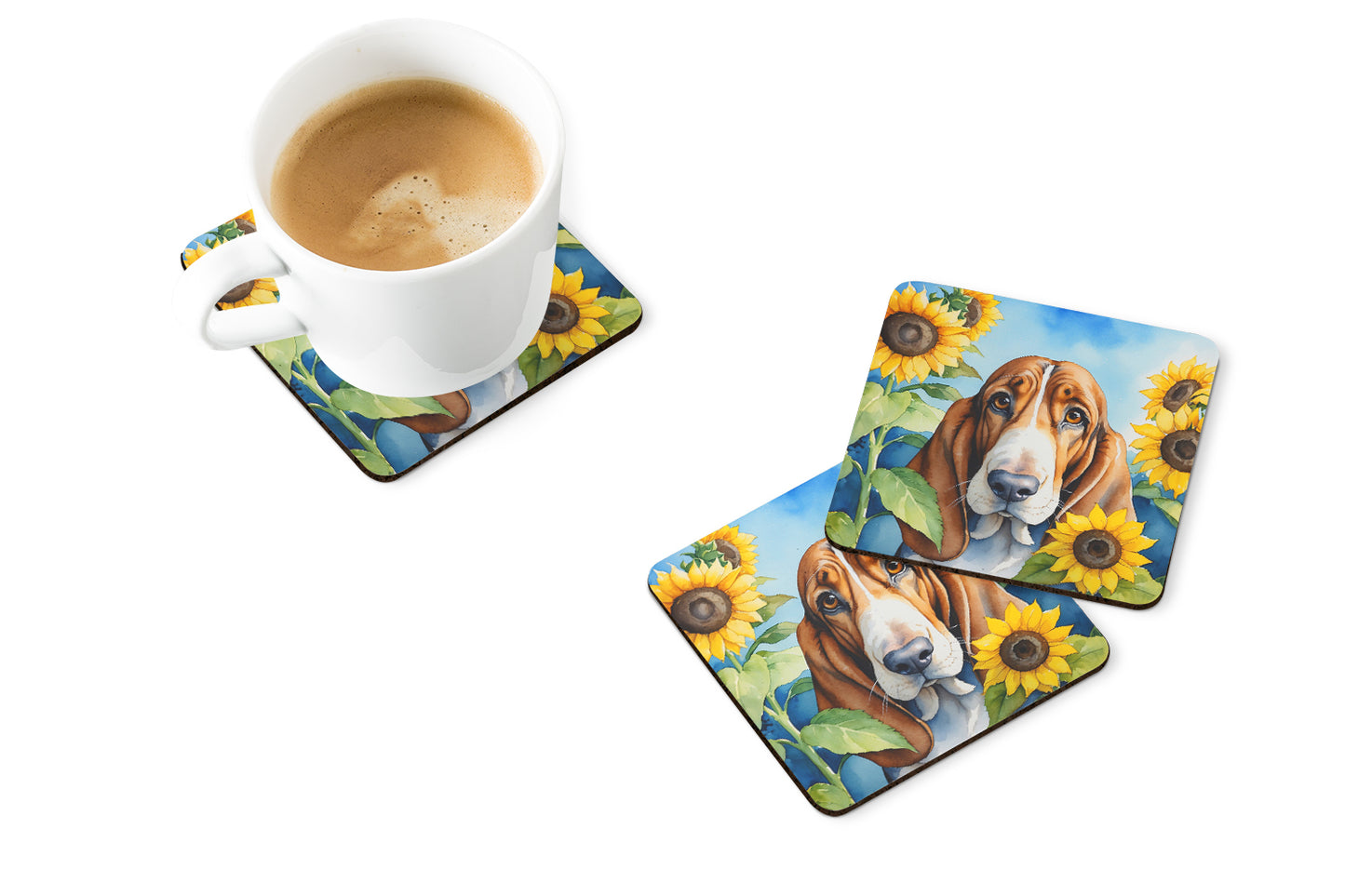 Basset Hound in Sunflowers Foam Coasters