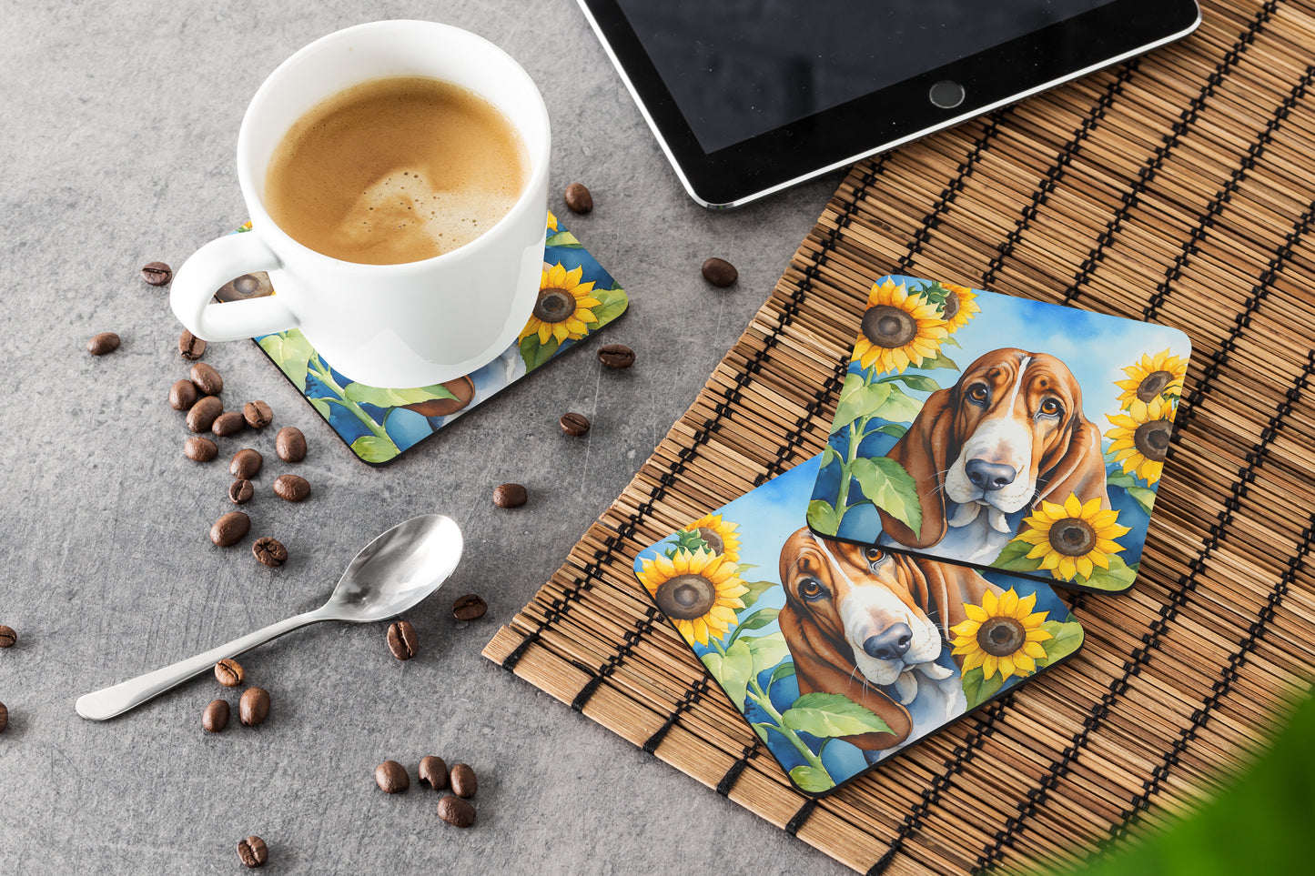 Basset Hound in Sunflowers Foam Coasters