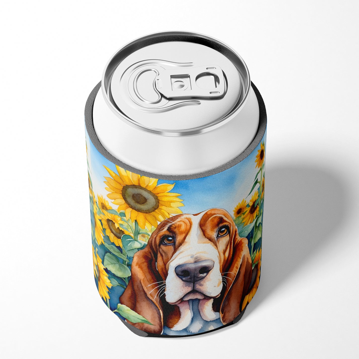 Basset Hound in Sunflowers Can or Bottle Hugger