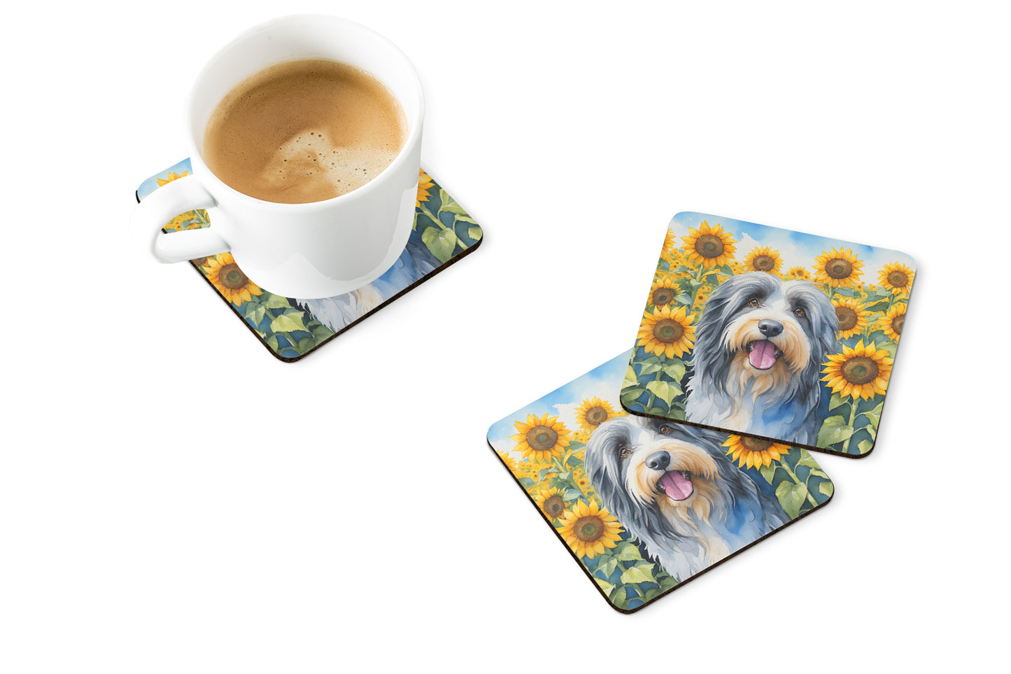 Bearded Collie in Sunflowers Foam Coasters