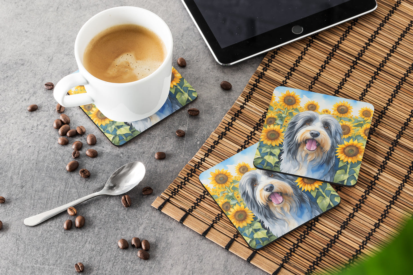 Bearded Collie in Sunflowers Foam Coasters
