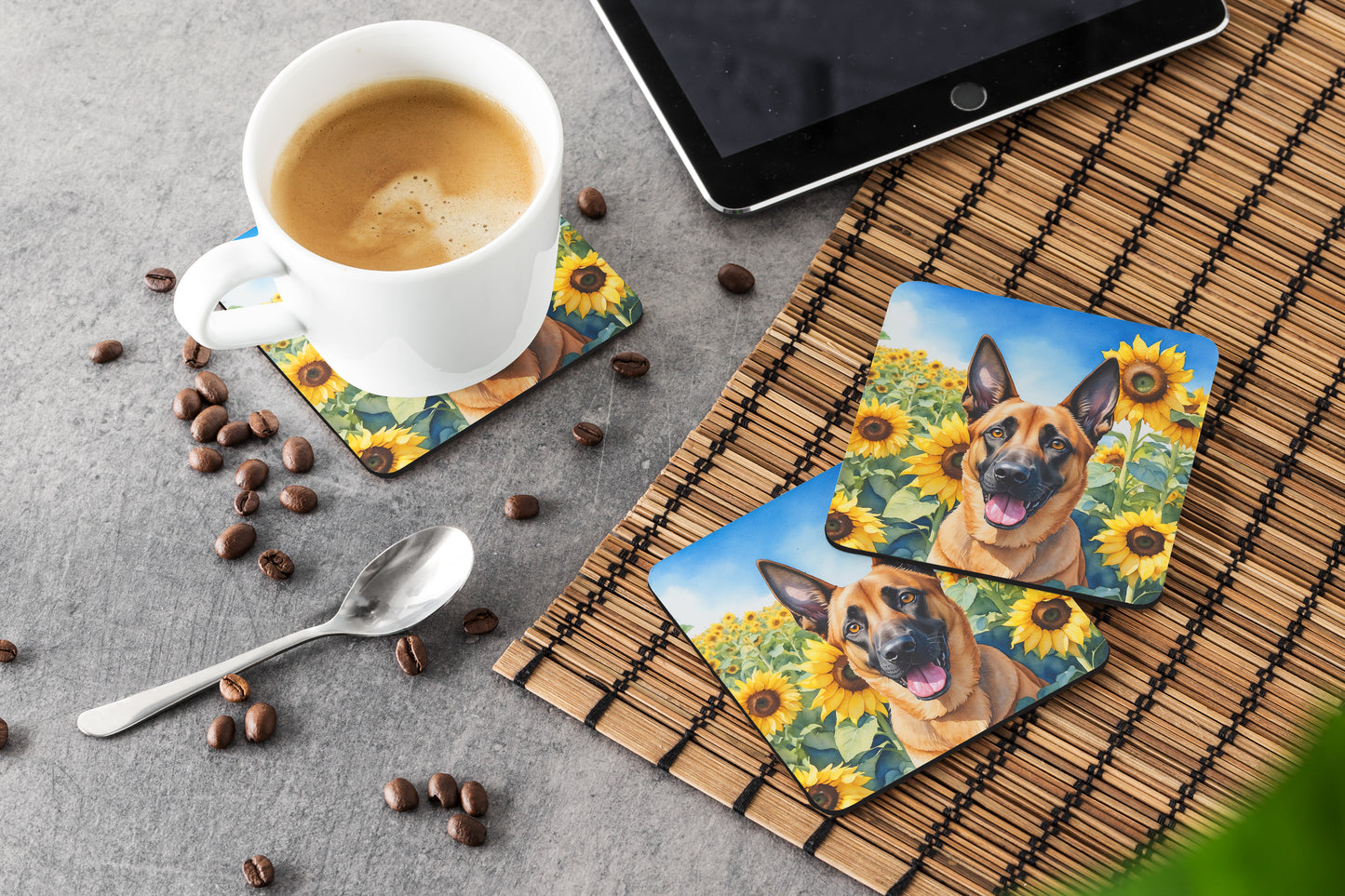 Belgian Malinois in Sunflowers Foam Coasters