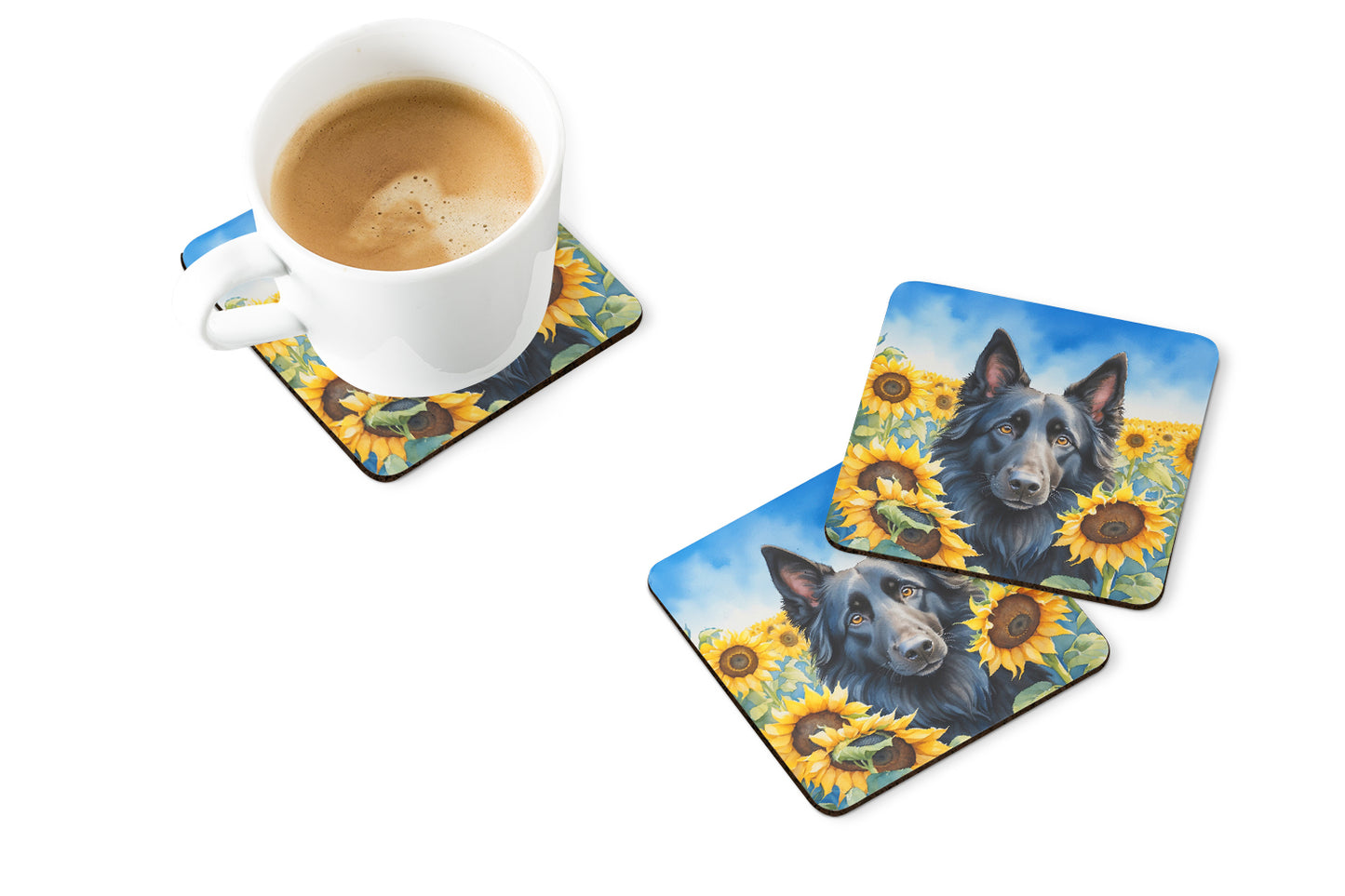 Belgian Sheepdog in Sunflowers Foam Coasters