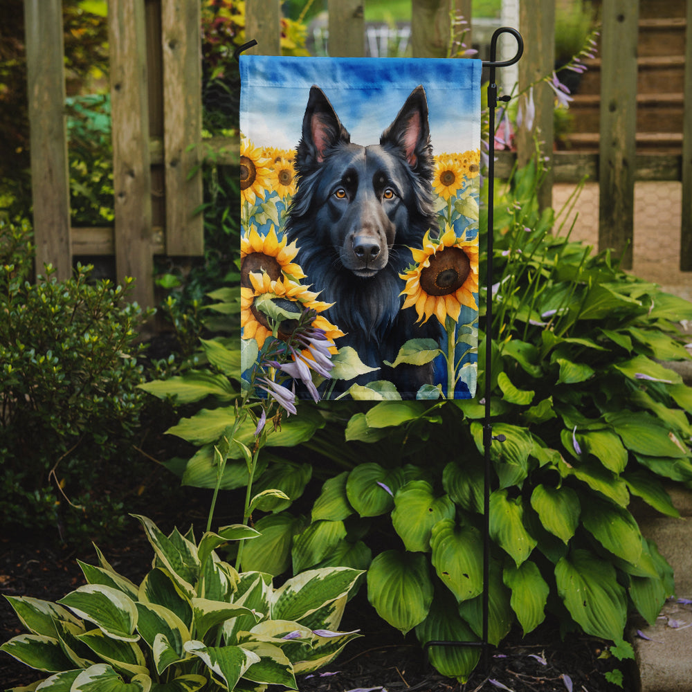 Belgian Sheepdog in Sunflowers Garden Flag