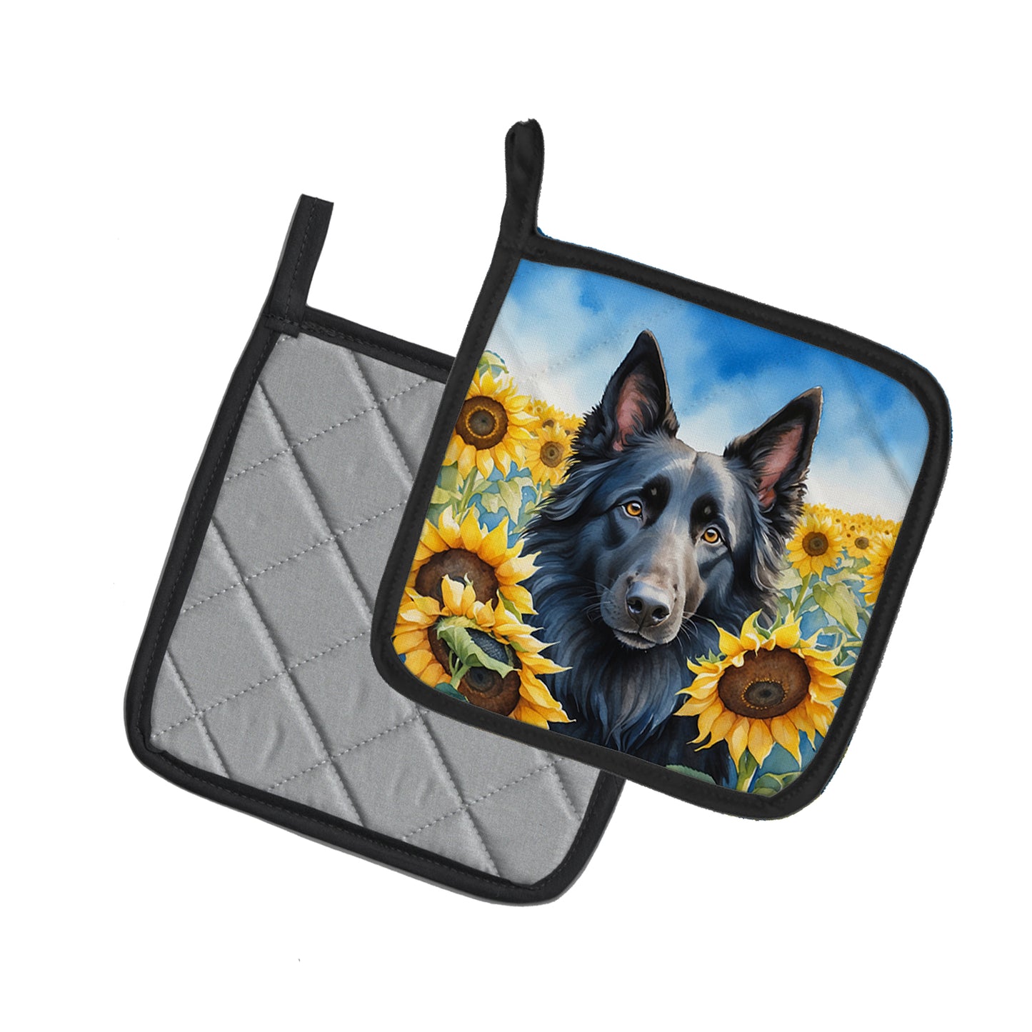 Belgian Sheepdog in Sunflowers Pair of Pot Holders