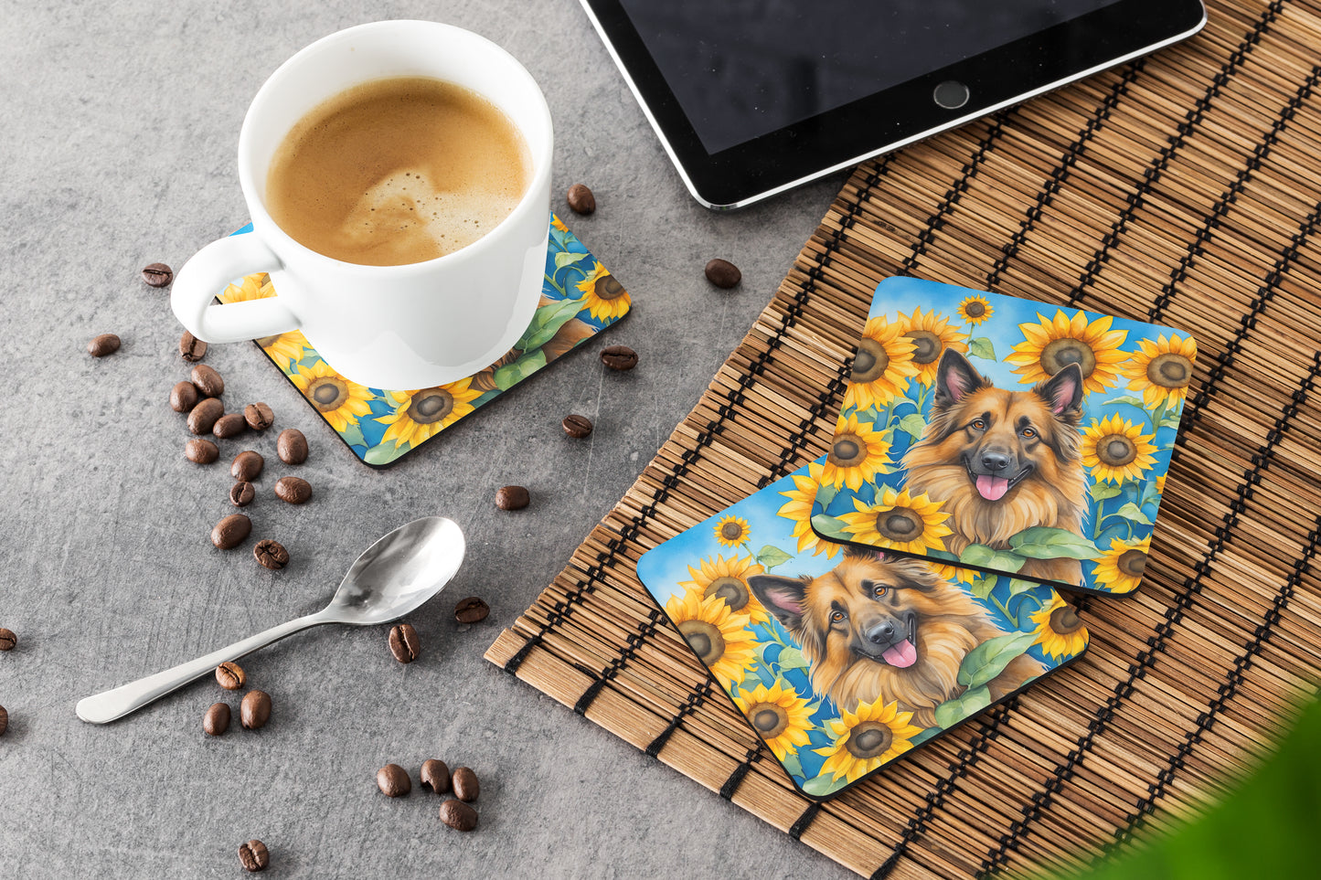 Belgian Tervuren in Sunflowers Foam Coasters